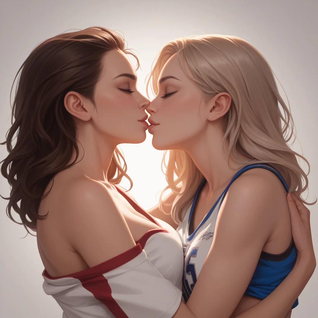 Two women kissing side by side, Wearing a white and blue volleyball suit, No sleeve, At the same height, (Brunette, Sunburned) (Blonde), small, Sweaty chest, masterpiece, highest quality, Great Shadows, Detailed Background, Silk Shot