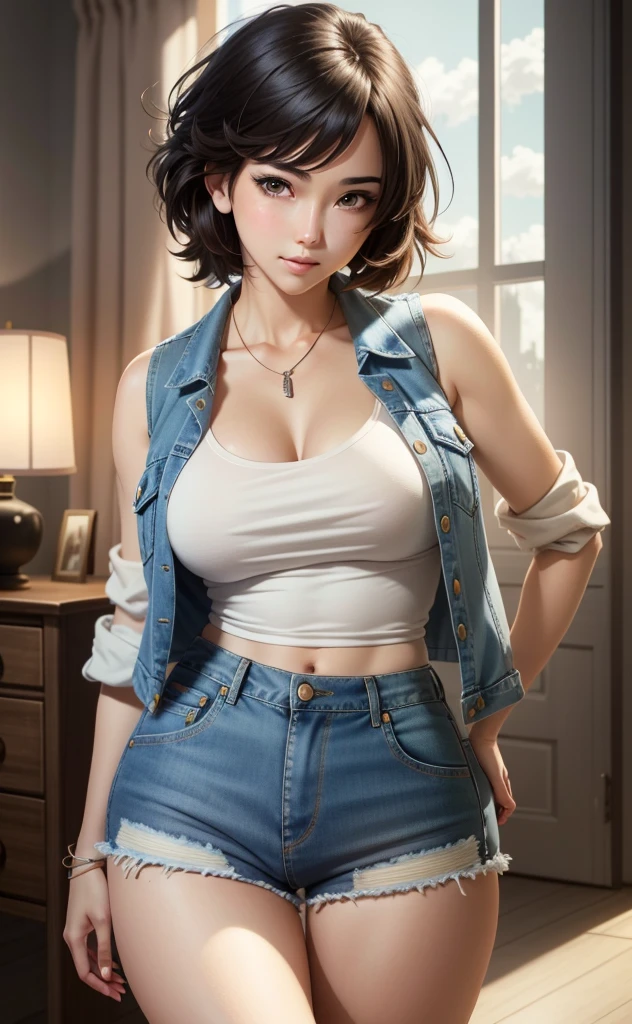 18-year-teenage girl, modish clothing, girl style, curvy body, cupid lips, solo, short wolf-cut black hair, red eyes,(masterpiece), best quality, perfect face, detailed eyes, detailed face, detailed lips, ulta hd, detailed rendering, polite clothing, standing, upper body
