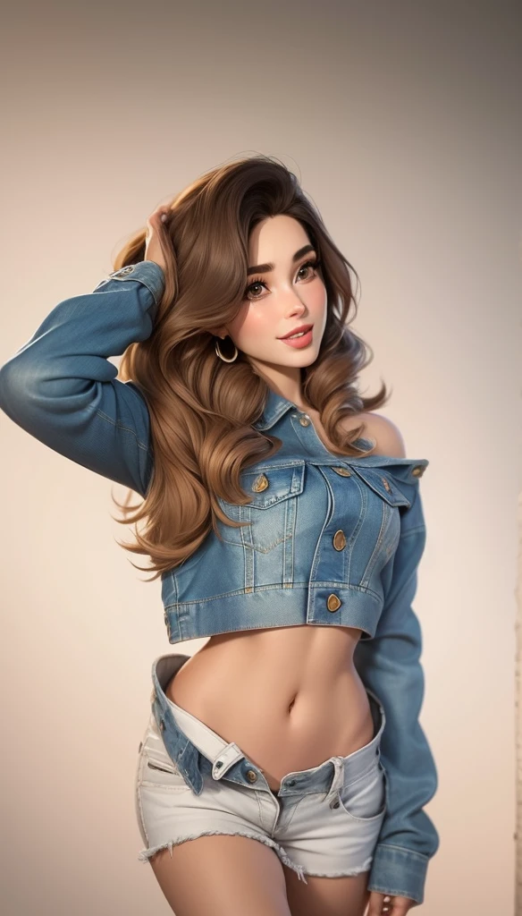 Realistic photo of a beautiful 3m1lyr-v2 woman, 1girl, solo, long hair, breasts, looking at viewer, brown hair, bare shoulders, brown eyes, jewelry, earrings, parted lips, teeth, midriff, pants, necklace, lips, crop top, tank top, denim, jeans, hoop earrings, realistic, soft lighting, professional Photography, Photorealistic, detailed, RAW, analog, sharp focus, 8k, HD, high quality, masterpiece<lora:3m1lyr-v2:1.0>