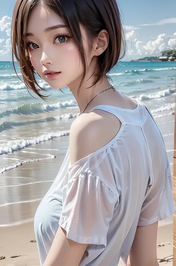 highest quality、Realistic、zoom、Chestnut Hair、Light blue eyes、Very Short Hair、One piece swimsuit、Tanned black body、Tan、Brown Skin、slender、boyish、Sweat、smile、Ocean、Back view