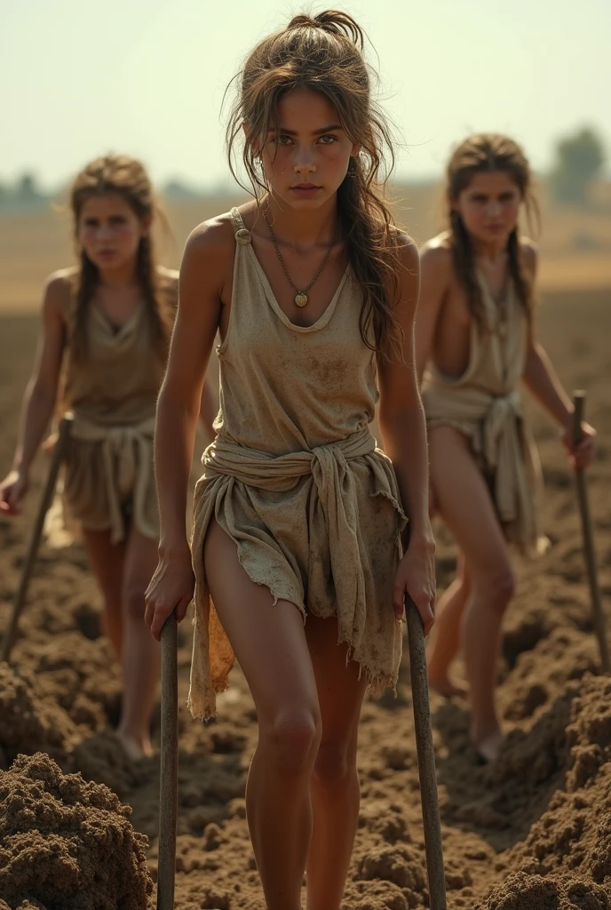 a group of 10 young humble semi-nude girls aged 20 cultivating vines in the fields of Crete, Neolithic era, real-life photograph, beautiful Minoan architecture, photorealistic, 8k, hyperdetailed, natural lighting, golden hour, lush greenery, intricate stone buildings, rustic, organic textures, warm color palette, dramatic shadows, cinematic composition