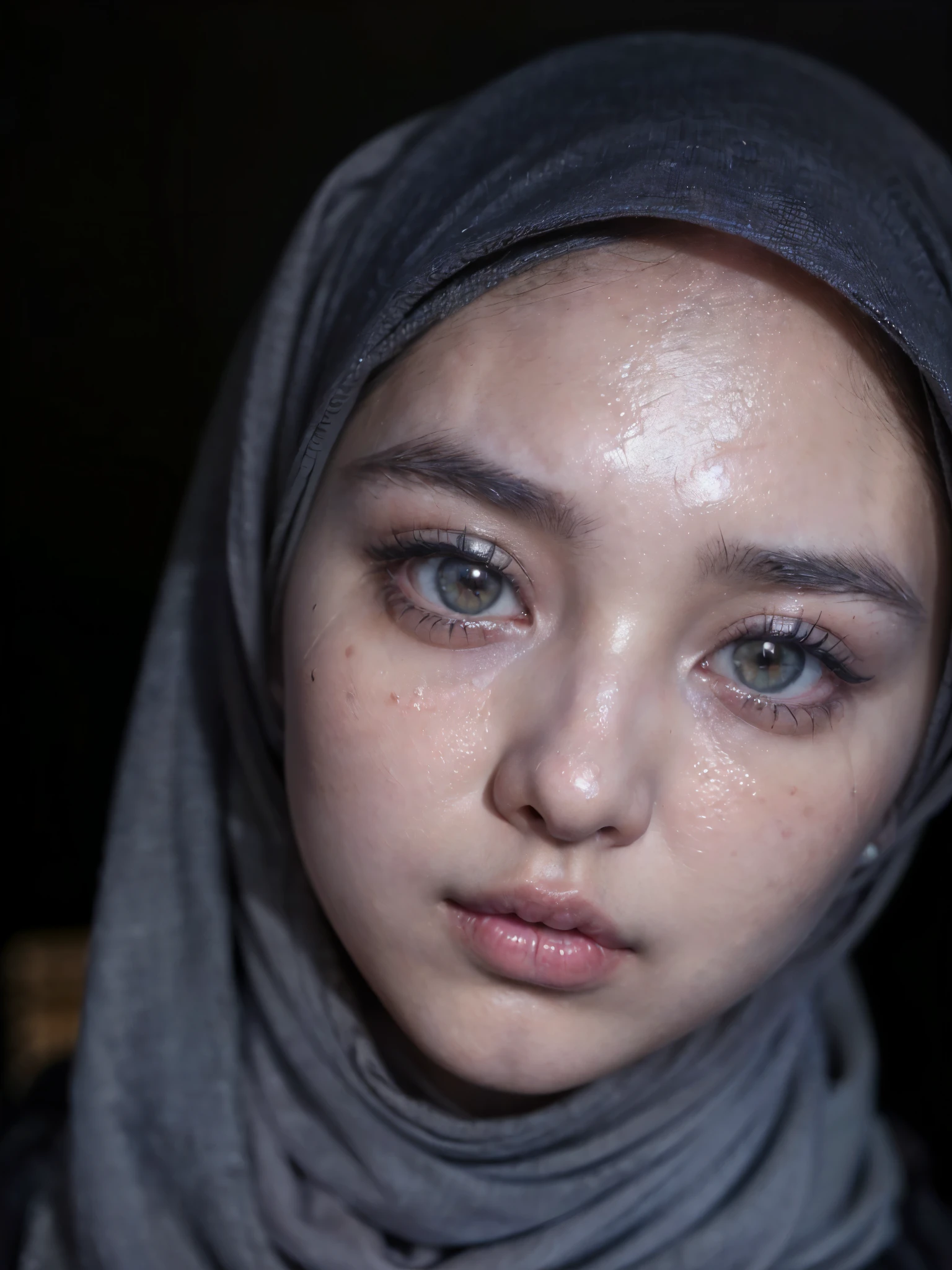 top-quality close-up portrait, ((Beautiful korean girl, wearing grey pashmina hijab, black color shirt, oversized shirt, longsleeve, long skirt):1.5), bewitching face, ((idols likeness):1.4), ((beautiful detailed eyes, cute eyes, beautiful detailed lips, sharp nose, detailed face, oval face shape, flawless):1.3), ((Elegant looks:1.3)), mesmerizing expression, allure gaze, ((slim body, slender body posture, soft and smooth skin, natural skin tone):1.4), ((attractive girls, posing cute):1.42),Detailed smooth photorealistic, stares at the camera, ((artistic background, cozy atmosphere):1.3), ((vivid colors, cinematic lighting photon mapping, high contrast, intricate details, perfect composition, artistic photograph, 8k, smooth photorealistic, masterpiece):1.3), ((top over angle, seen from above):1.2))