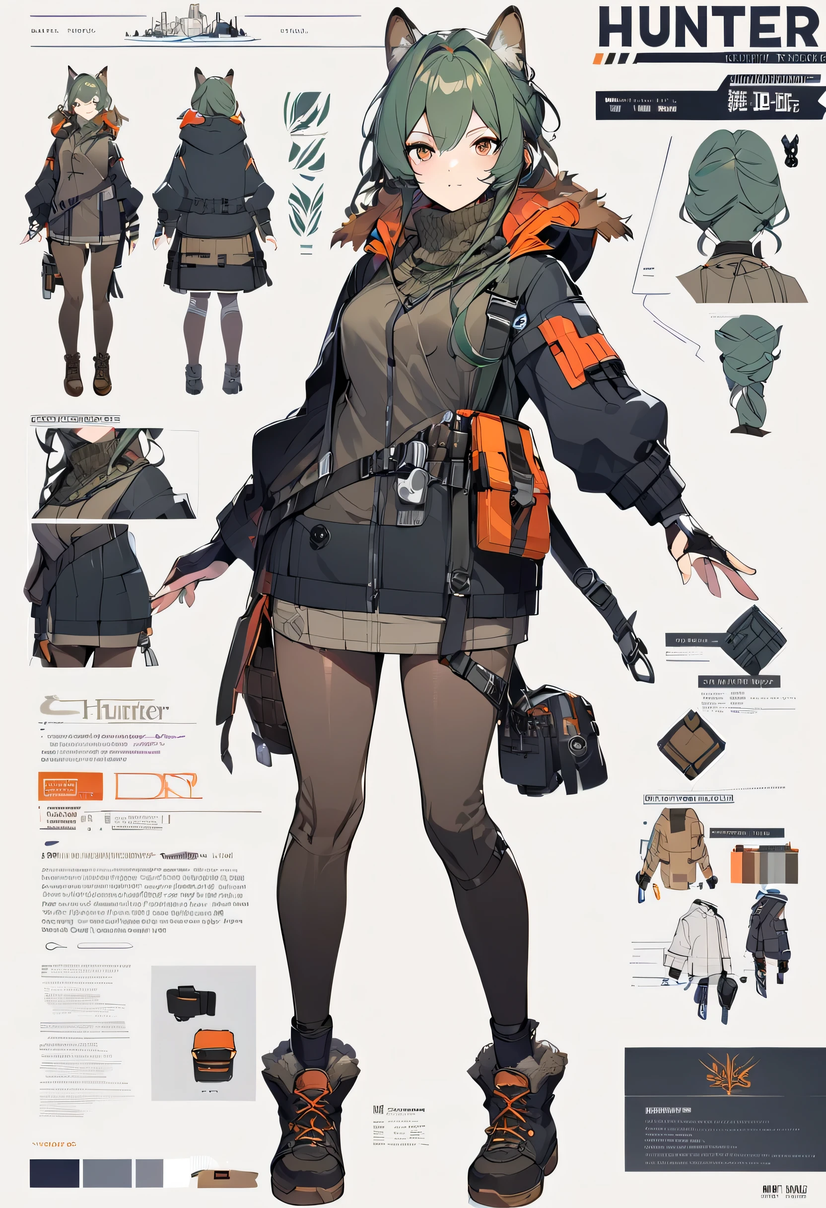 Virtual Character Design,concept character sheet, face, modern design, 1 woman,hunter,