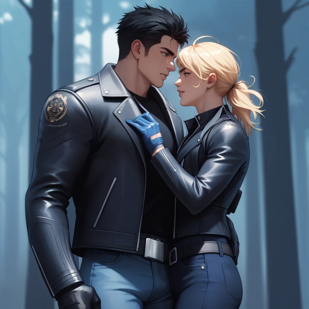 Create an image of a muscular young man with black hair, wearing a white crew neck shirt layered with a black leather jacket. He is dressed in blue jeans with a black leather belt, black motorcycle gloves, black combat boots, and a thigh holster for a handgun. He is standing having sex with Blonde woman wearing white dress White dress and high heels By taking the penis that is erect that emerged from the crotch of his pants that were zipped down Inserted into the female genitals On the meadow in the forest. The image should be illustrated in a detailed high-quality anime art style.