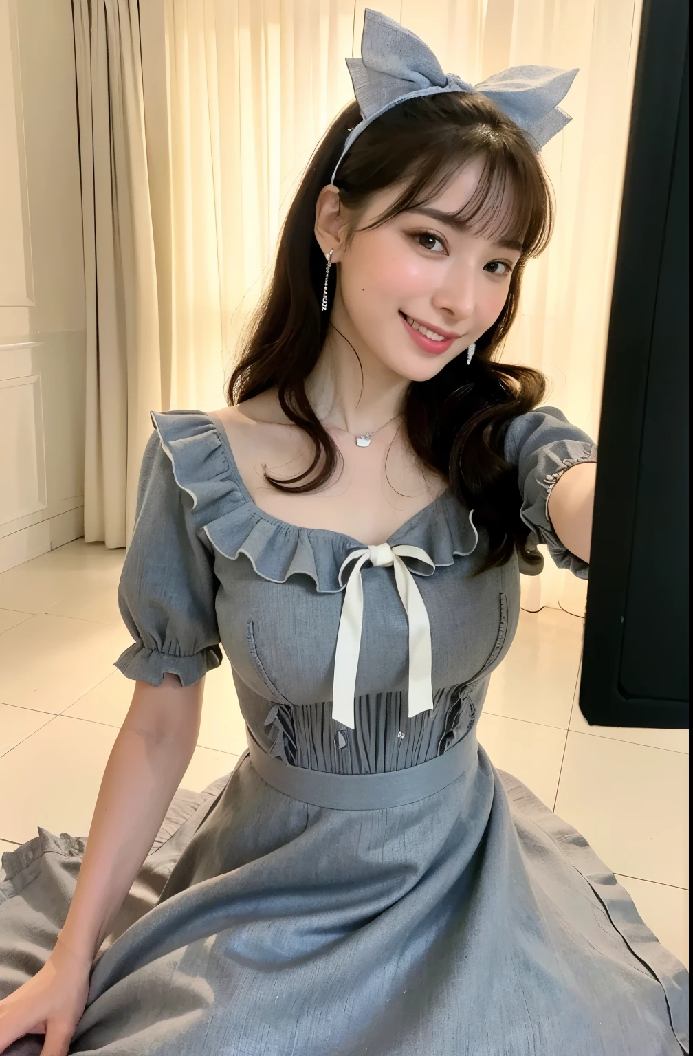 ((8k:1.27)、Highest quality、masterpiece、Ultra High Definition:1.2),((((Pictures of beautiful American women)))) (Comfortable:1.1) ((grey wool dress with white bow and ruffles:1.21)) (((( shooting studio)))) Designed by Greg Rutkowski and Alphonse Mucha Exquisite Elegance、Fantasy、exhaustive、geometry、Gradation Lighting、 One Woman 、 delicate skin、 watch the audience、brown eyes、( long flax-colored hair:1.2)、(Photorealistic:1.4)、(Highest quality:1.0)、(Ultra High Definition:1.0)、(Hands-free:1.0)、8k、 RAW photos 、 (Representative Song: 0.2), (Pure Eros Face_v1:0.5)、Lightweight short sleeves、(((Housewife)))、(((20 years old)))、 prank、schedule、Stir、Eyes that look like they want something、Inviting gesture、Etching Lip、Shortcut、 hair long 、((smile))、((((Selfie))))、((No seams)),(Teeth are visible),(Old-fashioned face),((has legs open)),((side)),(((fat))),((eyes are big)),((Long neck)),(( has a big nose)),((My eyes are sluggish)),(sideの下が見えている),((( full body image))),(((blouse))),(((morning))),((( in the price))),(((tie))),(((is transparent))),(((smile、is opening his mouth)))