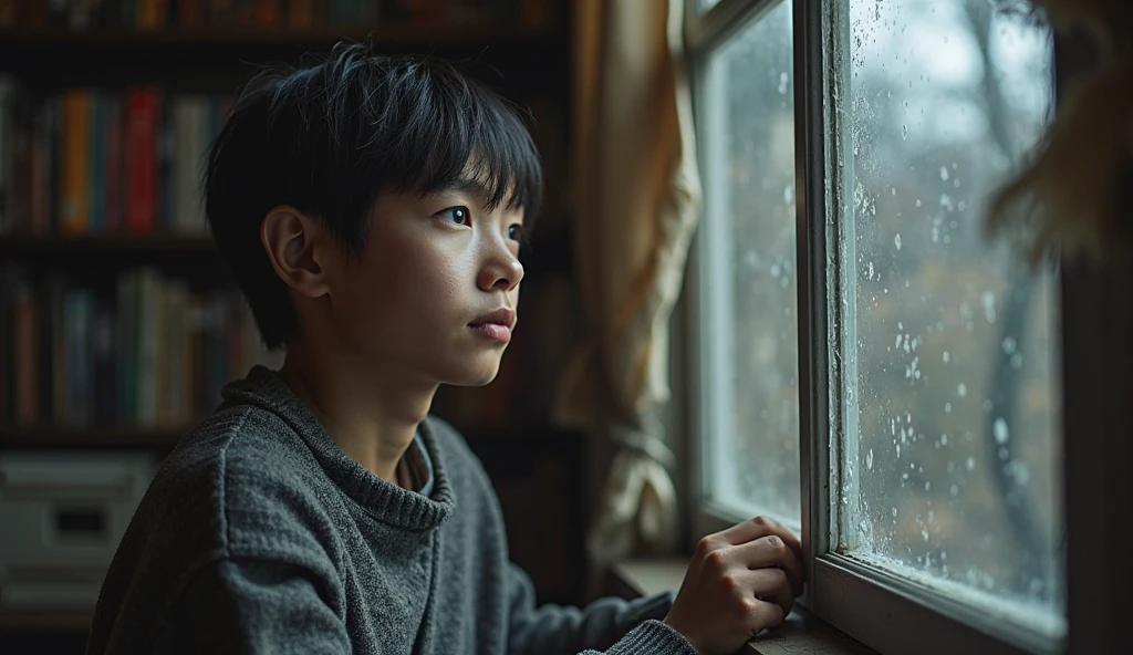 A 12 year old boy in his room on the rainy night by the window watching the viewer beautiful boy slim thin face