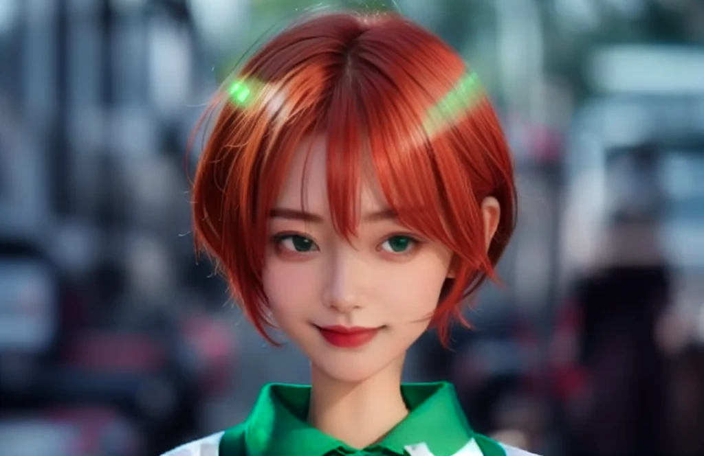 anime girl with red hair and green shirt standing, in an anime style, she has red hair, in anime style, light smile, anime style character, made with anime painter studio, red hair, (yellow eyes:1.3)