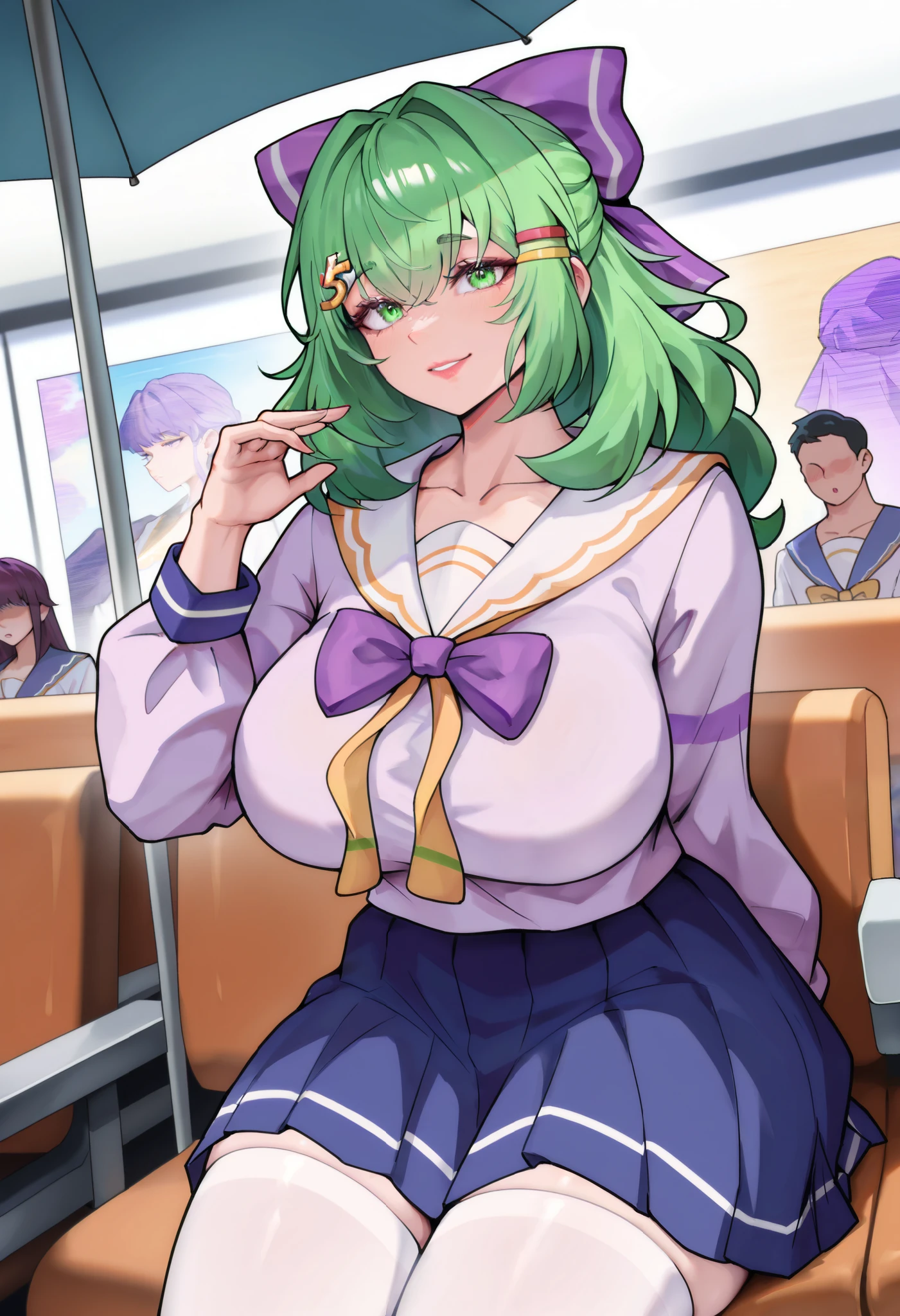 (is of the best quality), (super detailed), ( masterpiece, is of the best quality:1.3),  1 woman with an umbrella, aldult,  masterpiece, is of the best quality, There's nothing there, HD, Details 1girl,Japanese Cartoons, 成Mature Woman性, indoor,  Smile,  age 30 - 40 ,Curvy Beauty, plump,Gentle, Big Breasts, Mature face,Mature Woman, Mother, ,Short green hair, green eyes,  purple bow headdress ,  sailor uniform, blue pleated skirt, white stockings, green hair bow girl， Ahog / scattered hair， M fringe  / M shaped bangs short green hair, green eyes,  purple bow hair accessory , Hairpin. gorgeous hair bow, plump女性, watching the audience, high resolution,  8,000, 4K, high detail, Detailed bangs, Thick hair , high detail facial, high detail eyes, detailed lips, dynamic lens, dynamic angle at work, Small nose,girl with green hair， Big Butts,  large  ,sexy