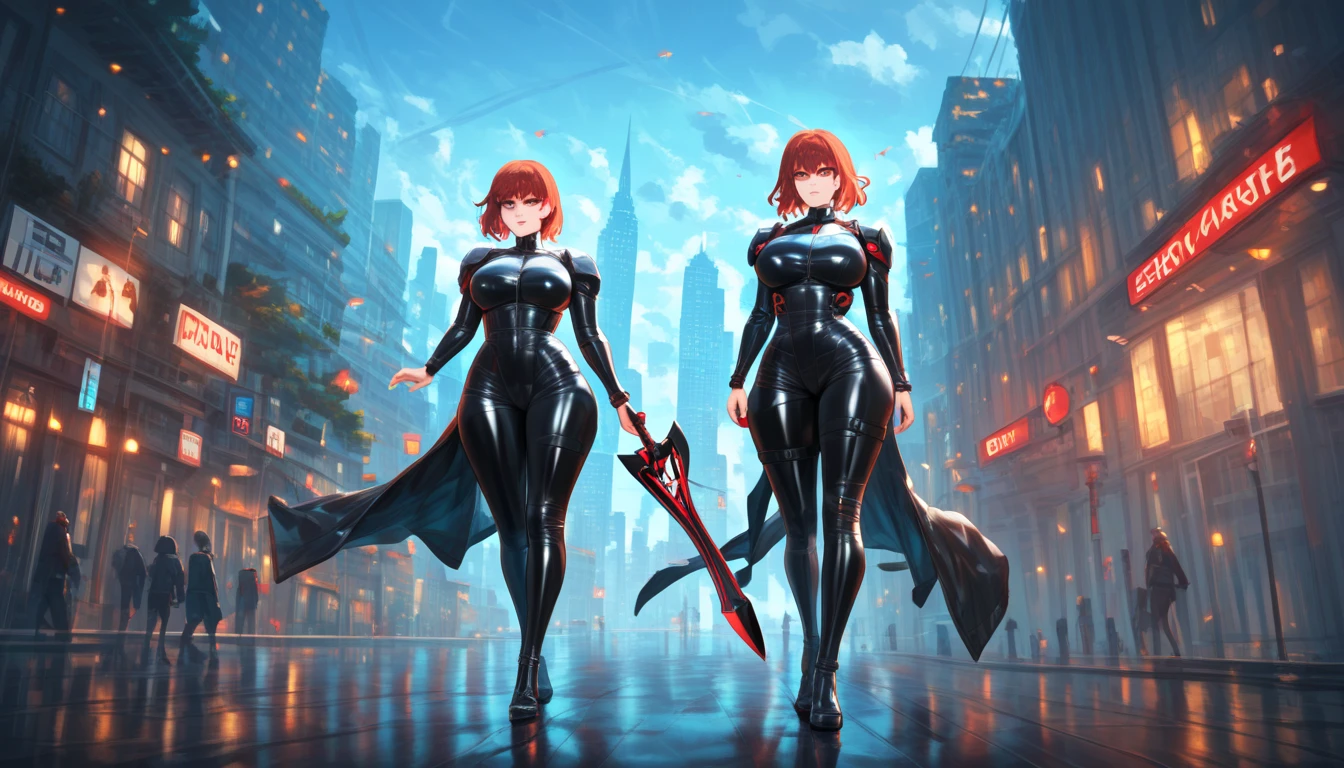 (RAW Photo, Best Quality), (Realistic, Photo Realistic: 1.3), Best Quality, Highly Detailed, Masterpiece, Hyperdetail, Illustration, 1 Girl, upper_body, Dynamic Angle, World Masterpiece Theater, Ore no Imoto ga konna ni kawaii wake ga nai, 25-yers-old girl with crimson red hair- pulled up into twin ponytails, wearing a latex mini dress with the city lights in the background sexy pose, standing, hands on hips, Best Quality, Extremely Detailed CG Unified 8k Wallpaper, Ink, Amazing, Cinematic Lighting, lens flare, sexy pose, (cocoon:1.3)