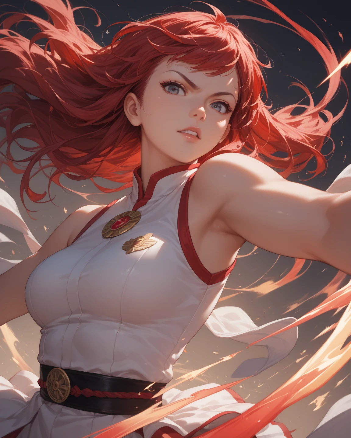 (best quality, 4K, high resolution), woman in her 30s, orange hair, long hair, straight hair, woman in vampire transformation, cold eyes, piercing eyes, strong appearance, bright blue eyes, facial expression enhancement, change in appearance of a transformation, fight against evil, ass, delicate illustrations drawn in detail, white sexy dress, realistic portrait, vibrant colors, expressive, classic background, perfect eyes, blue pupils, sexy body, big breasts, muscles, shape muscular, sword