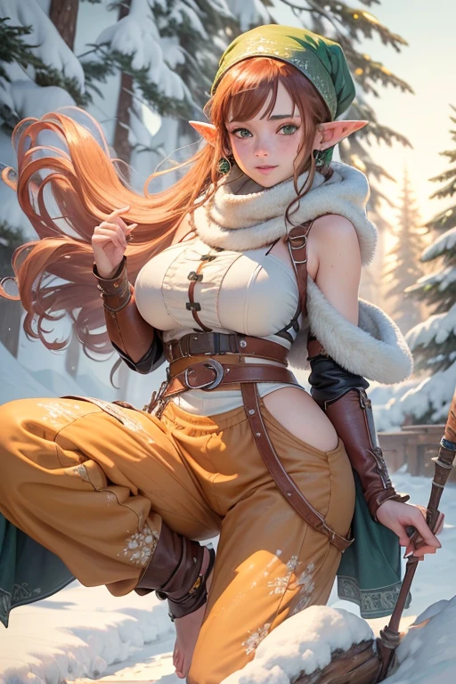 (masterpiece), (best quality), (ultra detailed), (Goblin), upper body, blushing, sexy look, apple tree, medium breasts, brown eyes, short hair, bright orange and yellow hair, detailed hair, soft braided hair, loose ponytail, detailed ponytail, close up, snowing, snowflake eyes