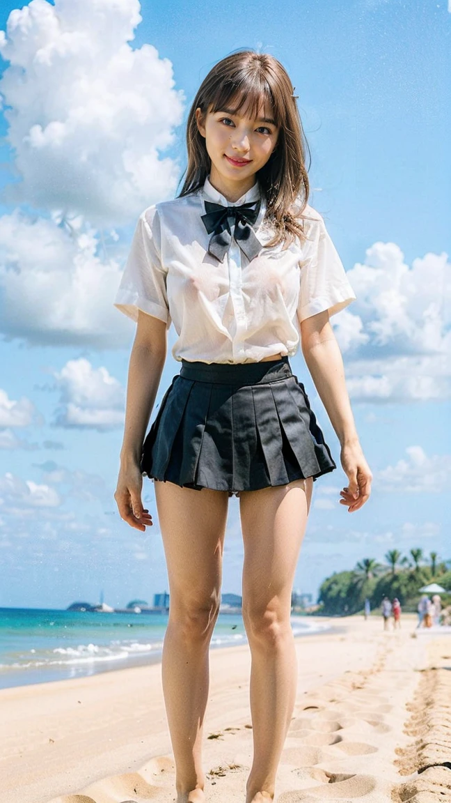 ultra highres,(reality: 1.4),highest quality, masterpiece, high detail, 16K quality, beautiful, 1 beautiful girl,japanese,super beautiful face,baby face,japanese idol face,cute face,super detailed face,detailed hand,beautiful skin,sweaty skin,big eyes,big smile,profeccional lighting,medium hair, black hair,brown beautiful eyes, white shirt,bowtie,brown checked skirt,standing,skirt lift,((wind lift:1.3)),(((show off panties))),((white panty)),medium breasts,she is looking at the camera,beach,blue sky, beautiful blue ocean,nsfw,from front,