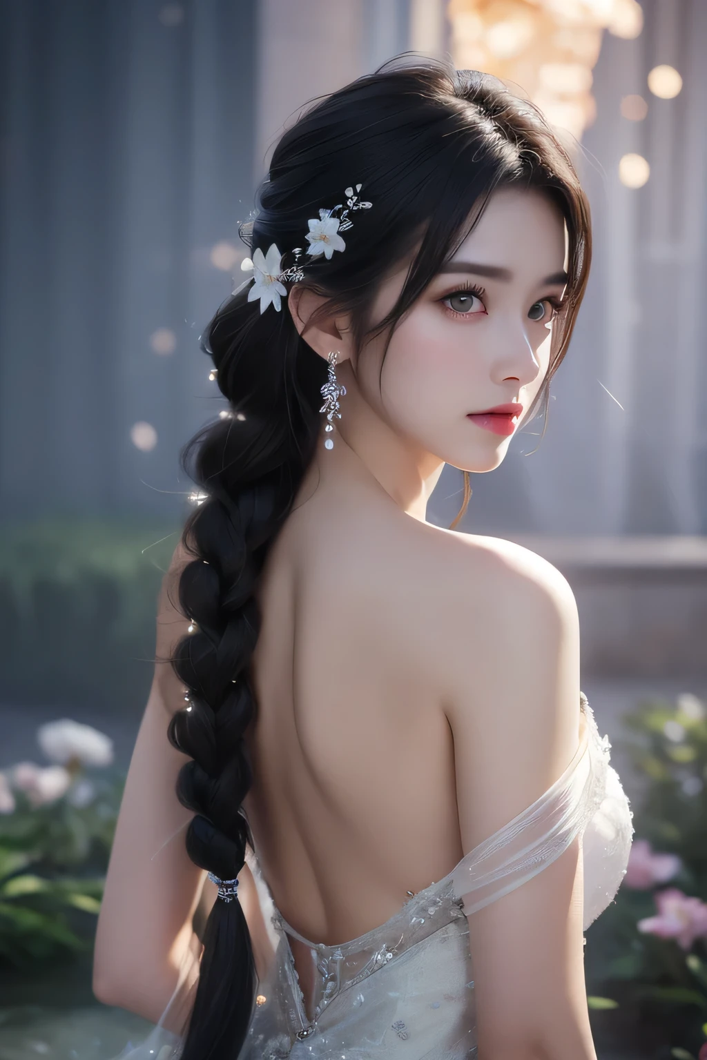 High-quality work,Realistic works,Super premium graphics,8K HD CG works,high quality graphics,High-definition and exquisite CG works,10x pixels,Ultra-fine details:1.1,Advanced technical details:1.1Realistic photo effects,Interior lighting effects:1.5,natural soft light:1.5. Light effect(Virtual light effects:1.8),ultra high resolution,shining dress,sliver long hair,silber hair,transparenthair,high detailed hair(Quality hair details:1.1)Clear eyes,Double eyelids look good,Sharp eye makeup, Create exquisite eyelash makeup, tthin eyebrows, Ultra-detailed eyes,a tall nose, lovely red lips, rosey cheeks, With delicate makeup on her face , pretty face, The face shape is perfectly proportioned,(Advanced facial details:1.1)light particles, halo, (bioluminescent:0.95), bioluminescent, piercing glare, vibrant, (((colourful))), color, (glowing, glow),ancient customs, wind blow, blossom, pond, night, moon relection in the pond, reflection light, depth of field, from behind, multiple views, delicated best quality ,masterpiece, illustration, an extremely delicate and beautiful, extremely detailed ,CG ,unity ,8k wallpaper, Amazing, finely detail, masterpiece,best quality,official art,extremely detailed CG unity 8k wallpaper,absurdres, incredibly absurdres, huge filesize , ultra-detailed, highres, extremely detailed,beautiful detailed girl, extremely detailed eyes and face, beautiful detailed eyes,light on face,1girl, (Super realistic), (black hair), (hair over one eye), (single braid hair), (rainbow eyes), ((hair ornament)), ((jewelry)), (hair jewelry), (((describe the arm in detail))), (((Super ))), ((sagging breasts)), ((Plump body)), (thighs), ((Plump )),, (detailed description of hair), ((upper body)), (Bare shoulder), ((collarbone)), (off shoulder), (Shiny skin), (detailed description of face), (Extremely detailed description of the eyes), (detailed description of body), (white and t Women's artwork,Dress full body video,Realism,Amazing Cleavage,My eyes are very bright today