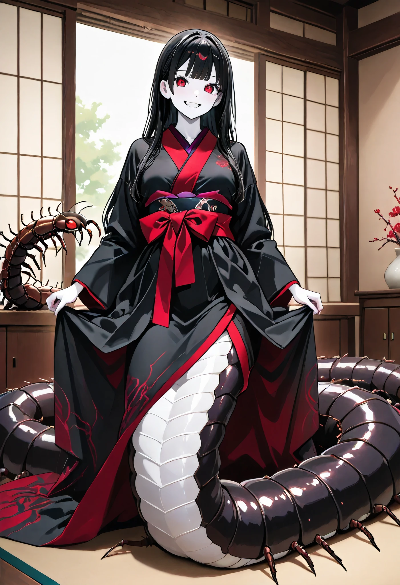 Lamia style girl. Fusion with a centipede. Black centipede body. Red insect legs. Black costume. Japanese kimono dress. Red eyes. Black hair. Straight hair. Neat bangs. Grin. White skin. Japanese house. Indoors.