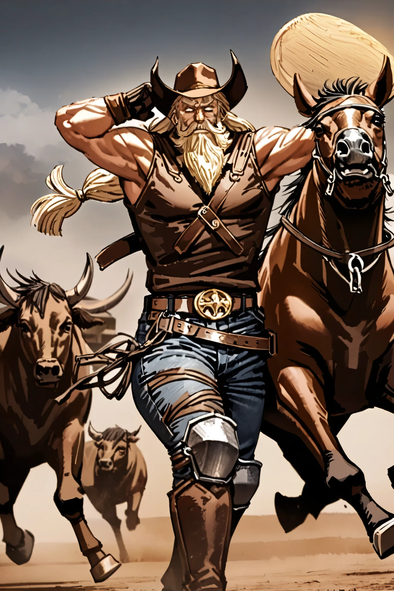 Brown cowboy hat with gold details, that rarely falls off in combat.

sleeveless leather vest, showing their massive arms and scars from fights and work on The ranch.

Denim pants reinforced with metal knee pads, designed to withstand impacts.

Boots with personalized spurs, that give stability and strength in their grips.

short leather gloves, with inscriptions of bulls and wild horses.

Belt with a giant buckle in the shape of a bull, a trophy won in a legendary rodeo fight.

Thick beard and long hair tied up in a low ponytail, with dusty blonde tufts.
