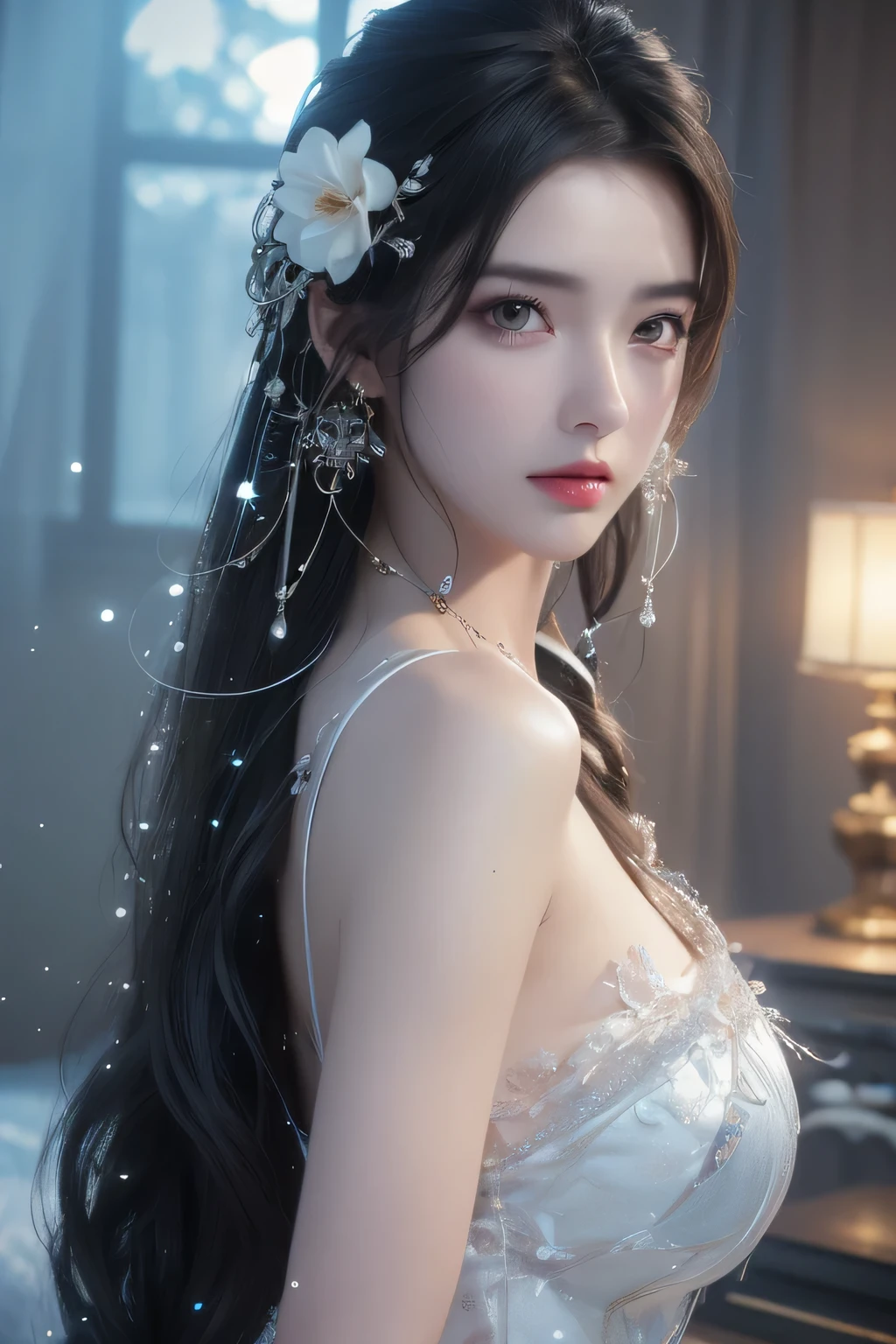High-quality work,Realistic works,Super premium graphics,8K HD CG works,high quality graphics,High-definition and exquisite CG works,10x pixels,Ultra-fine details:1.1,Advanced technical details:1.1Realistic photo effects,Interior lighting effects:1.5,natural soft light:1.5. Light effect(Virtual light effects:1.8),ultra high resolution,shining dress,sliver long hair,silber hair,transparenthair,high detailed hair(Quality hair details:1.1)Clear eyes,Double eyelids look good,Sharp eye makeup, Create exquisite eyelash makeup, tthin eyebrows, Ultra-detailed eyes,a tall nose, lovely red lips, rosey cheeks, With delicate makeup on her face , pretty face, The face shape is perfectly proportioned,(Advanced facial details:1.1)light particles, halo, (bioluminescent:0.95), bioluminescent, piercing glare, vibrant, (((colourful))), color, (glowing, glow),ancient customs, wind blow, blossom, pond, night, moon relection in the pond, reflection light, depth of field, from behind, multiple views, delicated best quality ,masterpiece, illustration, an extremely delicate and beautiful, extremely detailed ,CG ,unity ,8k wallpaper, Amazing, finely detail, masterpiece,best quality,official art,extremely detailed CG unity 8k wallpaper,absurdres, incredibly absurdres, huge filesize , ultra-detailed, highres, extremely detailed,beautiful detailed girl, extremely detailed eyes and face, beautiful detailed eyes,light on face,1girl, (Super realistic), (black hair), (hair over one eye), (single braid hair), (rainbow eyes), ((hair ornament)), ((jewelry)), (hair jewelry), (((describe the arm in detail))), (((Super ))), ((sagging breasts)), ((Plump body)), (thighs), ((Plump )),, (detailed description of hair), ((upper body)), (Bare shoulder), ((collarbone)), (off shoulder), (Shiny skin), (detailed description of face), (Extremely detailed description of the eyes), (detailed description of body), (white and t Women's artwork,Dress full body video,Realism,Amazing Cleavage,My eyes are very bright today