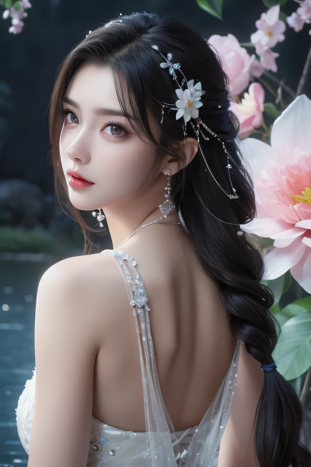High-quality work,Realistic works,Super premium graphics,8K HD CG works,high quality graphics,High-definition and exquisite CG works,10x pixels,Ultra-fine details:1.1,Advanced technical details:1.1Realistic photo effects,Interior lighting effects:1.5,natural soft light:1.5. Light effect(Virtual light effects:1.8),ultra high resolution,shining dress,sliver long hair,silber hair,transparenthair,high detailed hair(Quality hair details:1.1)Clear eyes,Double eyelids look good,Sharp eye makeup, Create exquisite eyelash makeup, tthin eyebrows, Ultra-detailed eyes,a tall nose, lovely red lips, rosey cheeks, With delicate makeup on her face , pretty face, The face shape is perfectly proportioned,(Advanced facial details:1.1)light particles, halo, (bioluminescent:0.95), bioluminescent, piercing glare, vibrant, (((colourful))), color, (glowing, glow),ancient customs, wind blow, blossom, pond, night, moon relection in the pond, reflection light, depth of field, from behind, multiple views, delicated best quality ,masterpiece, illustration, an extremely delicate and beautiful, extremely detailed ,CG ,unity ,8k wallpaper, Amazing, finely detail, masterpiece,best quality,official art,extremely detailed CG unity 8k wallpaper,absurdres, incredibly absurdres, huge filesize , ultra-detailed, highres, extremely detailed,beautiful detailed girl, extremely detailed eyes and face, beautiful detailed eyes,light on face,1girl, (Super realistic), (black hair), (hair over one eye), (single braid hair), (rainbow eyes), ((hair ornament)), ((jewelry)), (hair jewelry), (((describe the arm in detail))), (((Super ))), ((sagging breasts)), ((Plump body)), (thighs), ((Plump )),, (detailed description of hair), ((upper body)), (Bare shoulder), ((collarbone)), (off shoulder), (Shiny skin), (detailed description of face), (Extremely detailed description of the eyes), (detailed description of body), (white and t Women's artwork,Dress full body video,Realism,Amazing Cleavage,My eyes are very bright today