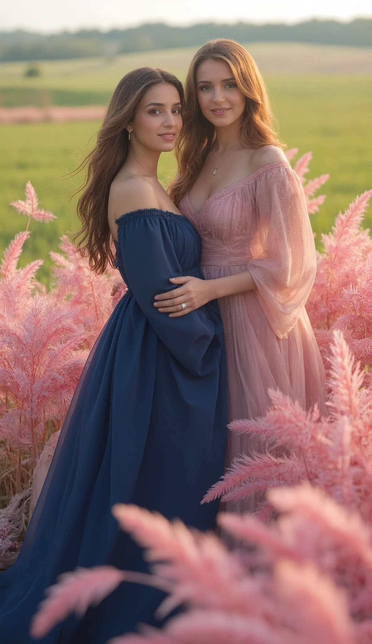 Two women in dresses standing in a field of tall pink grass - SeaArt AI