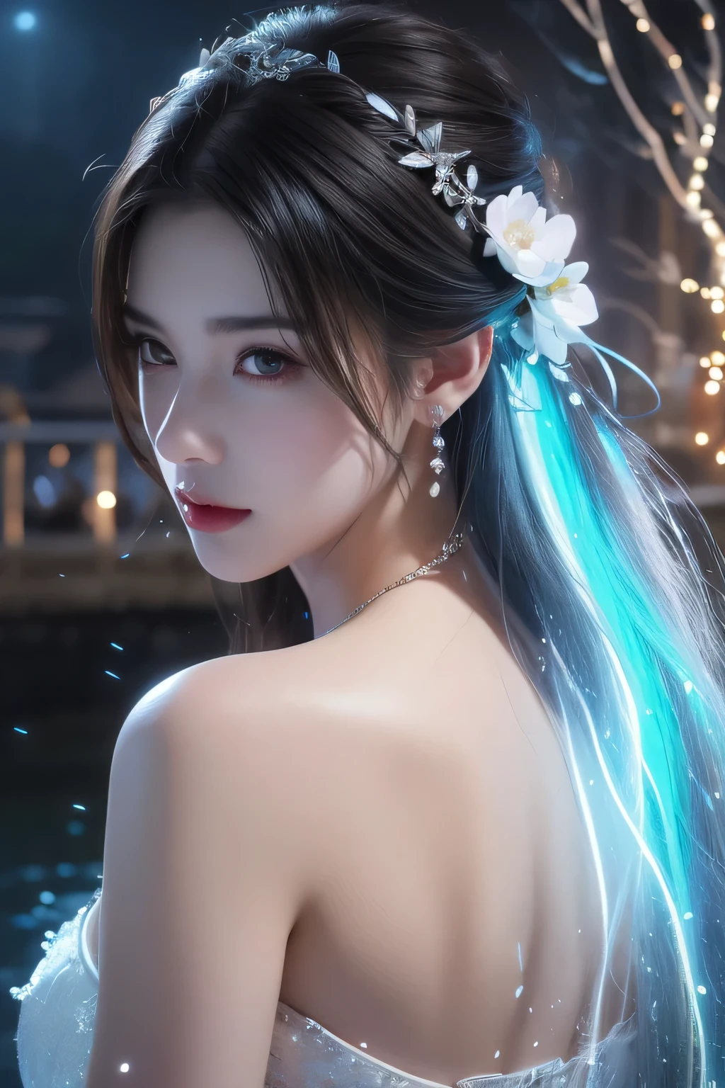 High-quality work，Realistic works，Super premium graphics，8K HD CG works，high quality graphics，High-definition and exquisite CG works，10x pixels，Ultra-fine details：1.1，Advanced technical details：1.1Realistic photo effects，Interior lighting effects：1.5，natural soft light：1.5. Light effect（Virtual light effects：1.8），ultra high resolution，shining dress，sliver long hair，silber hair，transparenthair，high detailed hair（Quality hair details：1.1）Clear eyes，Double eyelids look good，Sharp eye makeup, Create exquisite eyelash makeup, tthin eyebrows, Ultra-detailed eyes，a tall nose, lovely red lips, rosey cheeks, With delicate makeup on her face , pretty face, The face shape is perfectly proportioned,（Advanced facial details：1.1）light particles, halo, (bioluminescent:0.95), bioluminescent, piercing glare, vibrant, (((colourful))), color, (glowing, glow),ancient customs, wind blow, blossom, pond, night, moon relection in the pond, reflection light, depth of field, from behind, multiple views, delicated best quality ,masterpiece, illustration, an extremely delicate and beautiful, extremely detailed ,CG ,unity ,8k wallpaper, Amazing, finely detail, masterpiece,best quality,official art,extremely detailed CG unity 8k wallpaper,absurdres, incredibly absurdres, huge filesize , ultra-detailed, highres, extremely detailed,beautiful detailed girl, extremely detailed eyes and face, beautiful detailed eyes,light on face,1girl, (Super realistic), (black hair), (hair over one eye), (single braid hair), (rainbow eyes), ((hair ornament)), ((jewelry)), (hair jewelry), (((describe the arm in detail))), (((Super ))), ((sagging breasts)), ((Plump body)), (thighs), ((Plump )),, (detailed description of hair), ((upper body)), (Bare shoulder), ((collarbone)), (off shoulder), (Shiny skin), (detailed description of face), (Extremely detailed description of the eyes), (detailed description of body), (white and t Women's artwork，Dress full body video，Realism，Amazing Cleavage，My eyes are very bright today
