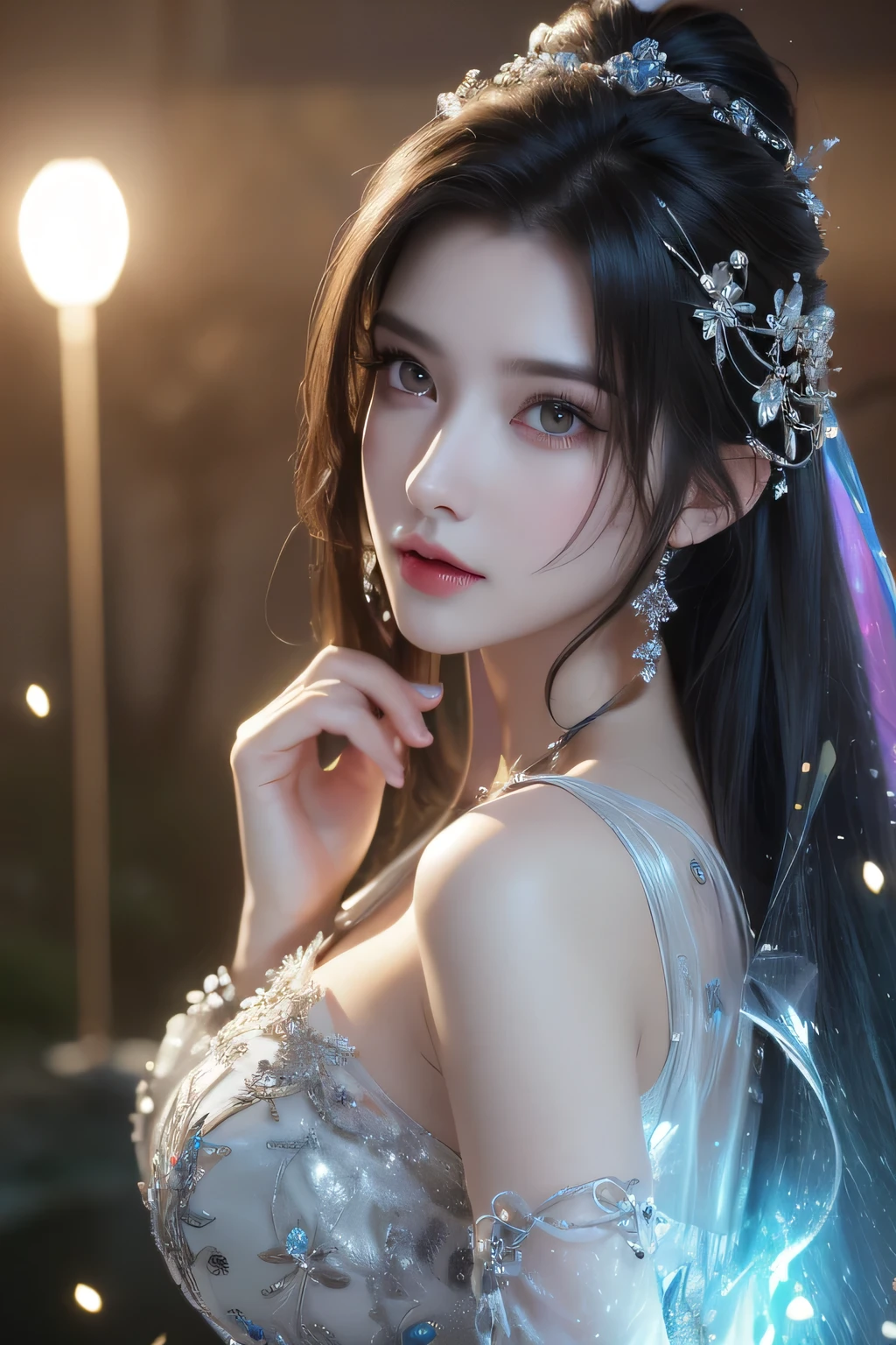 High-quality work，Realistic works，Super premium graphics，8K HD CG works，high quality graphics，High-definition and exquisite CG works，10x pixels，Ultra-fine details：1.1，Advanced technical details：1.1Realistic photo effects，Interior lighting effects：1.5，natural soft light：1.5. Light effect（Virtual light effects：1.8），ultra high resolution，shining dress，sliver long hair，silber hair，transparenthair，high detailed hair（Quality hair details：1.1）Clear eyes，Double eyelids look good，Sharp eye makeup, Create exquisite eyelash makeup, tthin eyebrows, Ultra-detailed eyes，a tall nose, lovely red lips, rosey cheeks, With delicate makeup on her face , pretty face, The face shape is perfectly proportioned,（Advanced facial details：1.1）light particles, halo, (bioluminescent:0.95), bioluminescent, piercing glare, vibrant, (((colourful))), color, (glowing, glow),ancient customs, wind blow, blossom, pond, night, moon relection in the pond, reflection light, depth of field, from behind, multiple views, delicated best quality ,masterpiece, illustration, an extremely delicate and beautiful, extremely detailed ,CG ,unity ,8k wallpaper, Amazing, finely detail, masterpiece,best quality,official art,extremely detailed CG unity 8k wallpaper,absurdres, incredibly absurdres, huge filesize , ultra-detailed, highres, extremely detailed,beautiful detailed girl, extremely detailed eyes and face, beautiful detailed eyes,light on face,1girl, (Super realistic), (black hair), (hair over one eye), (single braid hair), (rainbow eyes), ((hair ornament)), ((jewelry)), (hair jewelry), (((describe the arm in detail))), (((Super ))), ((sagging breasts)), ((Plump body)), (thighs), ((Plump )),, (detailed description of hair), ((upper body)), (Bare shoulder), ((collarbone)), (off shoulder), (Shiny skin), (detailed description of face), (Extremely detailed description of the eyes), (detailed description of body), (white and t Women's artwork，Dress full body video，Realism，Amazing Cleavage，My eyes are very bright today
