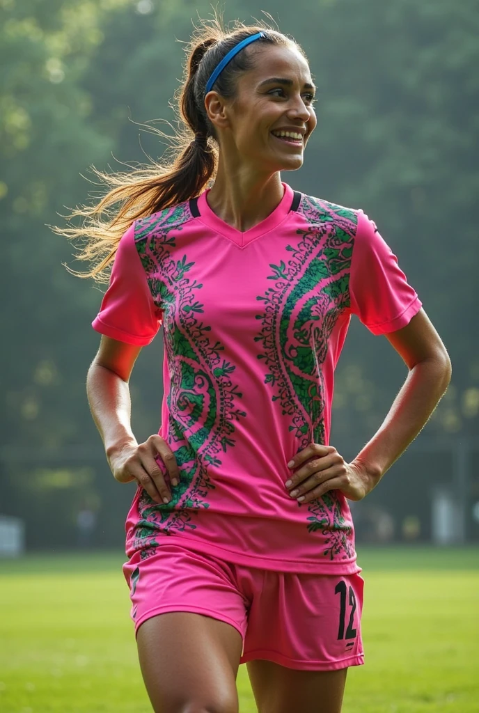 Create a delicate pink women's soccer shirt with details