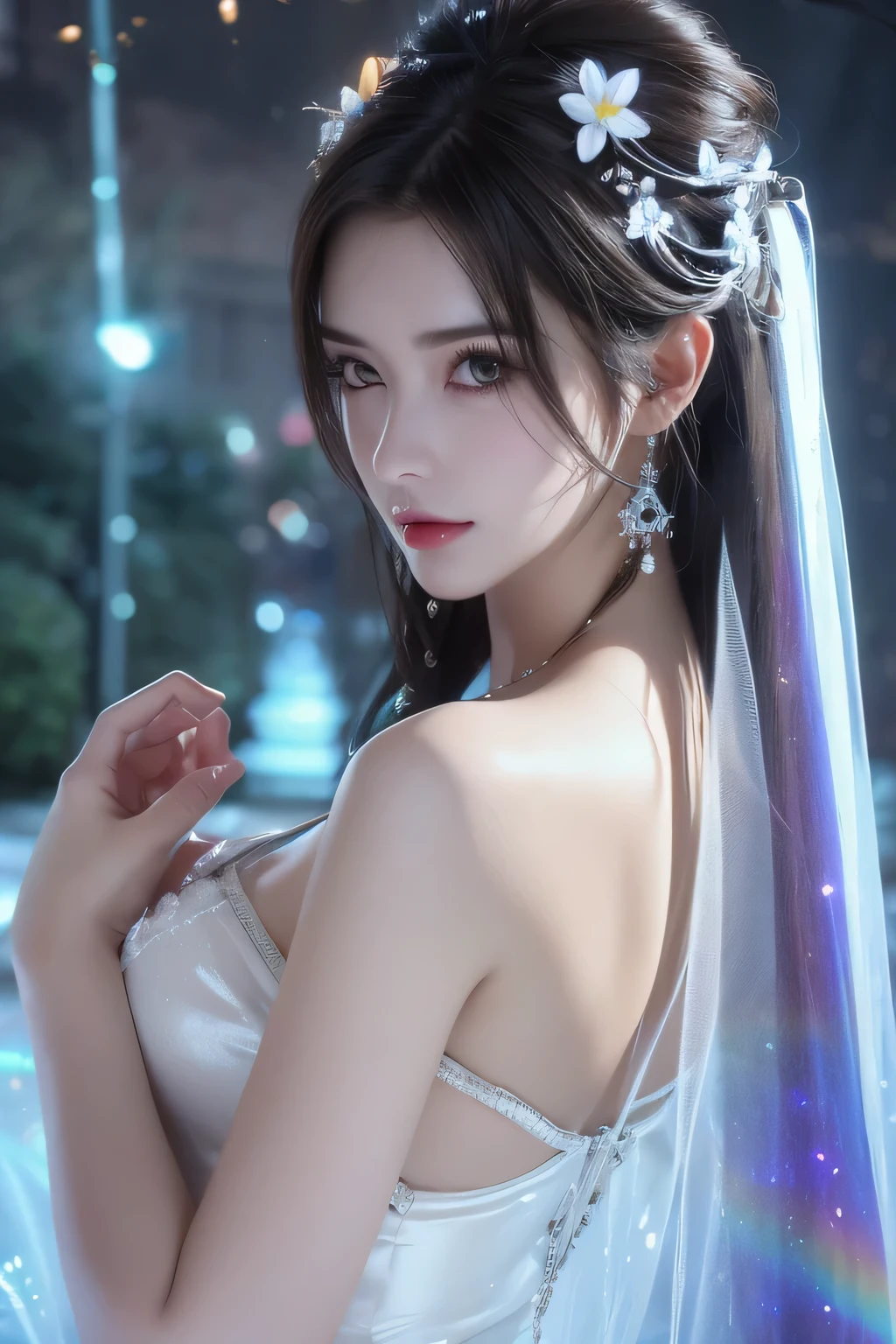High-quality work，Realistic works，Super premium graphics，8K HD CG works，high quality graphics，High-definition and exquisite CG works，10x pixels，Ultra-fine details：1.1，Advanced technical details：1.1Realistic photo effects，Interior lighting effects：1.5，natural soft light：1.5. Light effect（Virtual light effects：1.8），ultra high resolution，shining dress，sliver long hair，silber hair，transparenthair，high detailed hair（Quality hair details：1.1）Clear eyes，Double eyelids look good，Sharp eye makeup, Create exquisite eyelash makeup, tthin eyebrows, Ultra-detailed eyes，a tall nose, lovely red lips, rosey cheeks, With delicate makeup on her face , pretty face, The face shape is perfectly proportioned,（Advanced facial details：1.1）light particles, halo, (bioluminescent:0.95), bioluminescent, piercing glare, vibrant, (((colourful))), color, (glowing, glow),ancient customs, wind blow, blossom, pond, night, moon relection in the pond, reflection light, depth of field, from behind, multiple views, delicated best quality ,masterpiece, illustration, an extremely delicate and beautiful, extremely detailed ,CG ,unity ,8k wallpaper, Amazing, finely detail, masterpiece,best quality,official art,extremely detailed CG unity 8k wallpaper,absurdres, incredibly absurdres, huge filesize , ultra-detailed, highres, extremely detailed,beautiful detailed girl, extremely detailed eyes and face, beautiful detailed eyes,light on face,1girl, (Super realistic), (black hair), (hair over one eye), (single braid hair), (rainbow eyes), ((hair ornament)), ((jewelry)), (hair jewelry), (((describe the arm in detail))), (((Super ))), ((sagging breasts)), ((Plump body)), (thighs), ((Plump )),, (detailed description of hair), ((upper body)), (Bare shoulder), ((collarbone)), (off shoulder), (Shiny skin), (detailed description of face), (Extremely detailed description of the eyes), (detailed description of body), (white and t Women's artwork，Dress full body video，Realism，Amazing Cleavage，My eyes are very bright today

