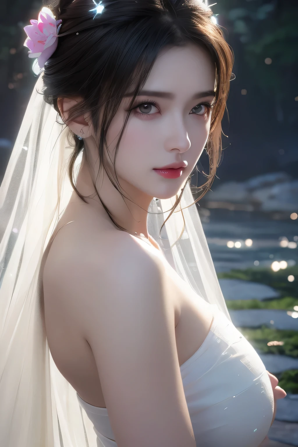 High-quality work，Realistic works，Super premium graphics，8K HD CG works，high quality graphics，High-definition and exquisite CG works，10x pixels，Ultra-fine details：1.1，Advanced technical details：1.1Realistic photo effects，Interior lighting effects：1.5，natural soft light：1.5. Light effect（Virtual light effects：1.8），ultra high resolution，shining dress，sliver long hair，silber hair，transparenthair，high detailed hair（Quality hair details：1.1）Clear eyes，Double eyelids look good，Sharp eye makeup, Create exquisite eyelash makeup, tthin eyebrows, Ultra-detailed eyes，a tall nose, lovely red lips, rosey cheeks, With delicate makeup on her face , pretty face, The face shape is perfectly proportioned,（Advanced facial details：1.1）light particles, halo, (bioluminescent:0.95), bioluminescent, piercing glare, vibrant, (((colourful))), color, (glowing, glow),ancient customs, wind blow, blossom, pond, night, moon relection in the pond, reflection light, depth of field, from behind, multiple views, delicated best quality ,masterpiece, illustration, an extremely delicate and beautiful, extremely detailed ,CG ,unity ,8k wallpaper, Amazing, finely detail, masterpiece,best quality,official art,extremely detailed CG unity 8k wallpaper,absurdres, incredibly absurdres, huge filesize , ultra-detailed, highres, extremely detailed,beautiful detailed girl, extremely detailed eyes and face, beautiful detailed eyes,light on face,1girl, (Super realistic), (black hair), (hair over one eye), (single braid hair), (rainbow eyes), ((hair ornament)), ((jewelry)), (hair jewelry), (((describe the arm in detail))), (((Super ))), ((sagging breasts)), ((Plump body)), (thighs), ((Plump )),, (detailed description of hair), ((upper body)), (Bare shoulder), ((collarbone)), (off shoulder), (Shiny skin), (detailed description of face), (Extremely detailed description of the eyes), (detailed description of body), (white and t Women's artwork，Dress full body video，Realism，Amazing Cleavage，My eyes are very bright today
