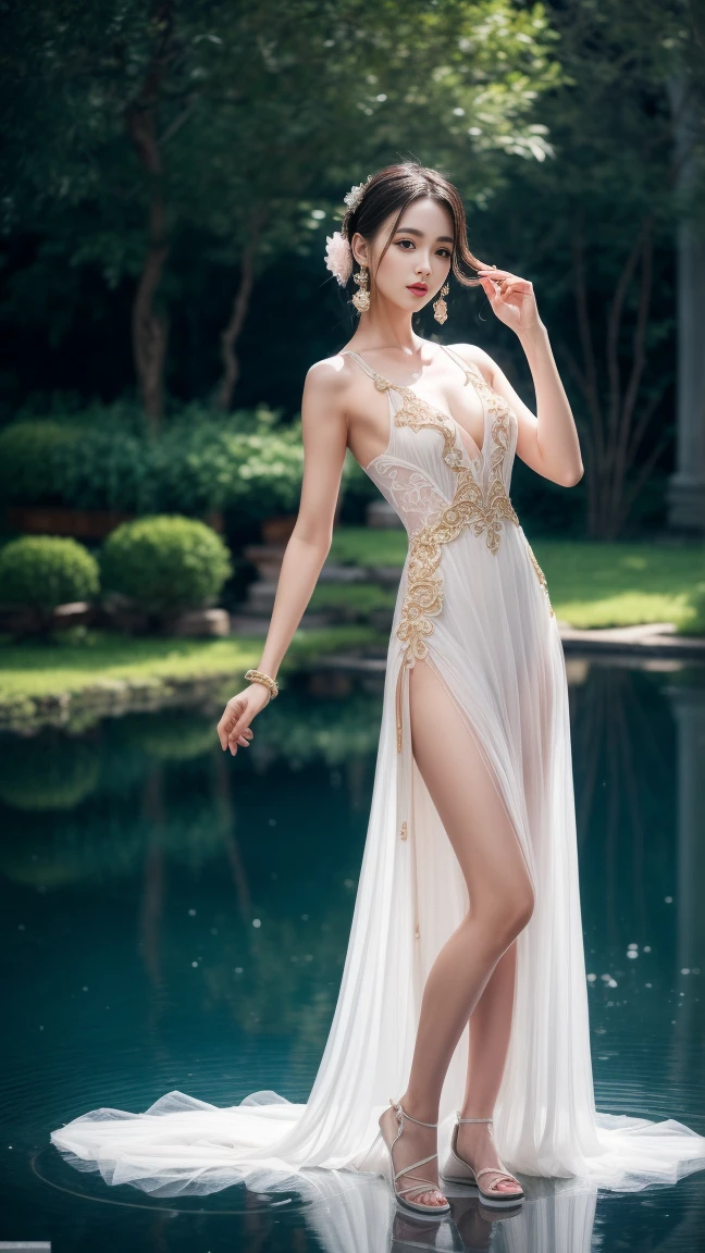 1girl, standing, facing the camera head-on, full body portrait, wearing a gorgeous evening gown, showing snow-white thighs, exposing shoulders and arms, and wearing gorgeous high heels, Full body portrait, stunningly beautiful, dynamicposes, (Frontal view), renowned for its ability to create a shallow depth of field and beautiful bokeh, blurred background that accentuates the girl and the temple's exquisite architecture, Milky white, highdetailskin, Realistic skin details, Fair skin, 4k textures, soft cinematic light, intricate details, highly detailed, sharp focus, soothing tones, exposure blend, hdr, faded, hyperdetailed, backlighting, best quality, (photorealistic:1.2), (blonde, green eyes, bob hair)