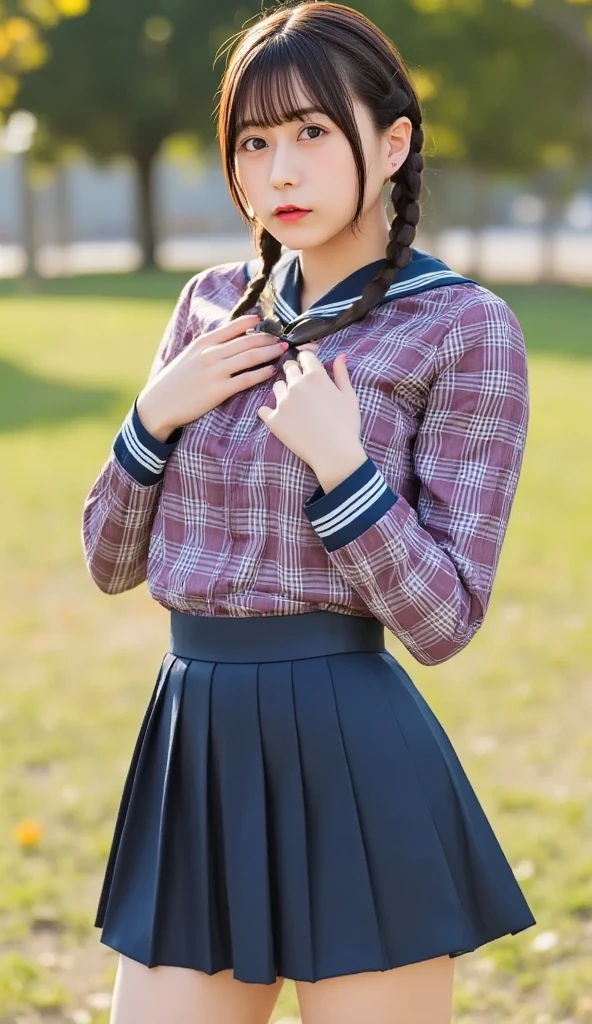 masterpiece, Highest quality,  's illustration , very detailed, Fine details, High Resolution, 8k,wallpaper, perfect dynamic composition,(Detailed and high quality,  eyes straddling over a woman:1.3), standing,High school girl uniform、  。super short check uniform skirt with hands on chest from back 、 navy blue high socks 、garter belt、 popup、Disturbed Uniforms,, twin tails from above,  You can see,  deep into the field with two hands on a girl, big breasts,  black hair, Big Natural Colored Lips, ( Perfect Body Shape ),  is crying a little、 Harajuku style、20 year old girl、cute type、beautiful legs, gravure idol、Bright sunshine, outside,