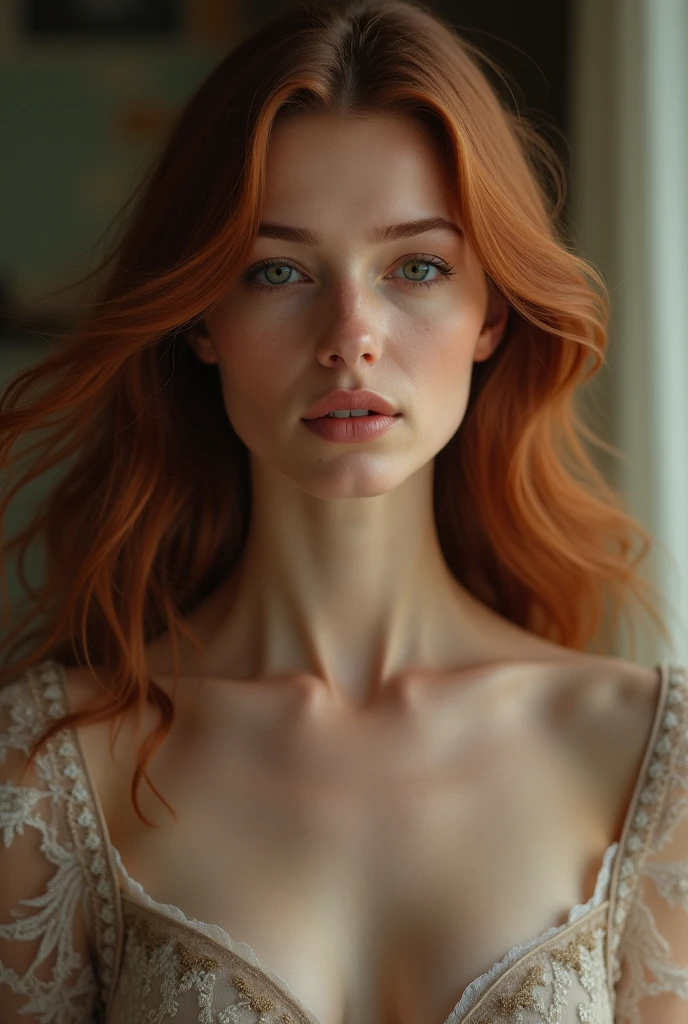 Generate an image of a Russian woman with distinctive features. She should have long, vibrant red hair that cascades down her back. Her skin should be pale, almost porcelain-like, contrasting beautifully with her fiery hair. Her eyes should be a striking shade of blue, clear and bright. She should have a voluptuous figure, with large breasts and big, round buttocks. This combination of features should create an image of a stunning, alluring Russian woman, naked, pink vagina with no hair