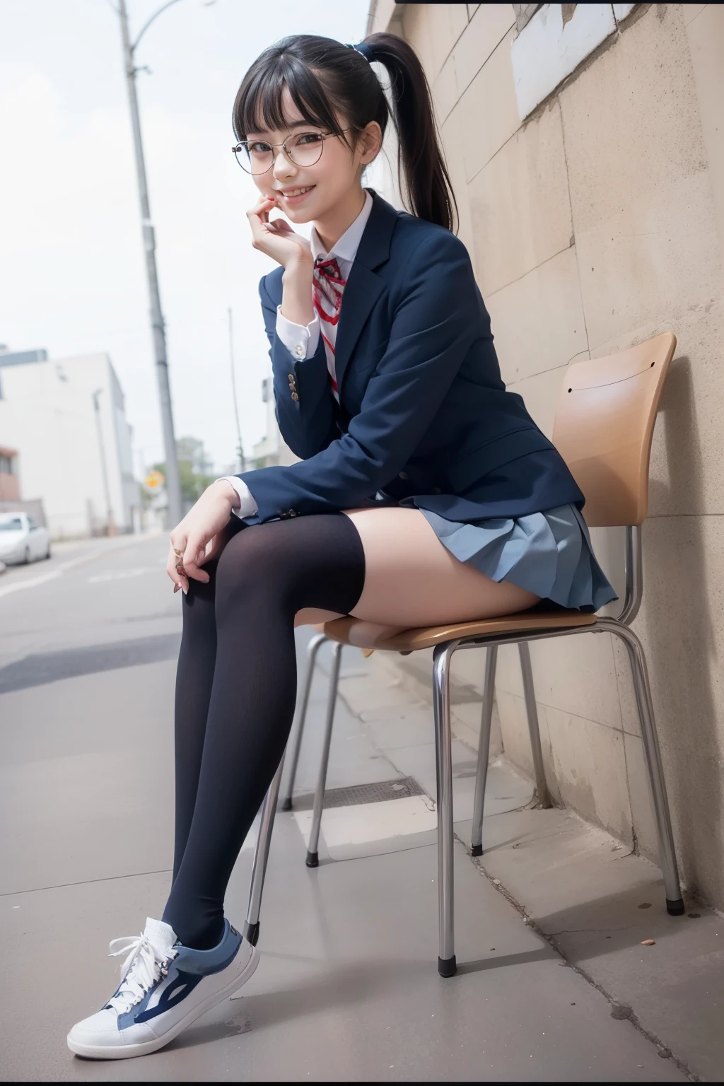 (8k), (Highest quality: 1.2), (Realistic), (Realistic: 1.37), Ultra-high resolution, (1 girl), cute, smile, Mouth closed, Beautiful details, Beautiful Nose, Wet Hair, Two giant cells, pork, Thighs,Self Snap,university student ,A simple navy blue blazer,Pleated skirt,(The skirt and tie are gray tartan check pattern........:1.3),(Sheet:1), Sit on the floor,(Grab my legs:1),(Sexy black pantyhose:1.3),in front,knees,