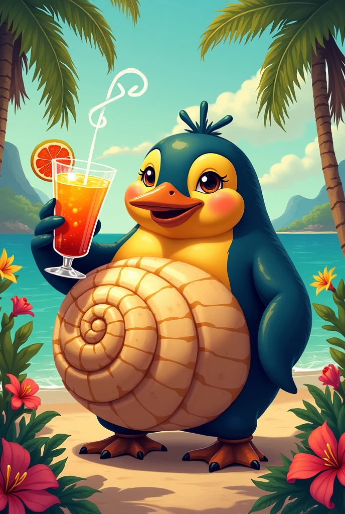 Solo female, toucan, avian, bird, curvy, black feathers, blue bikini bottom, topless, flower lei, holding coconut drink, beach, Hawaiian, tropical, palm trees in background