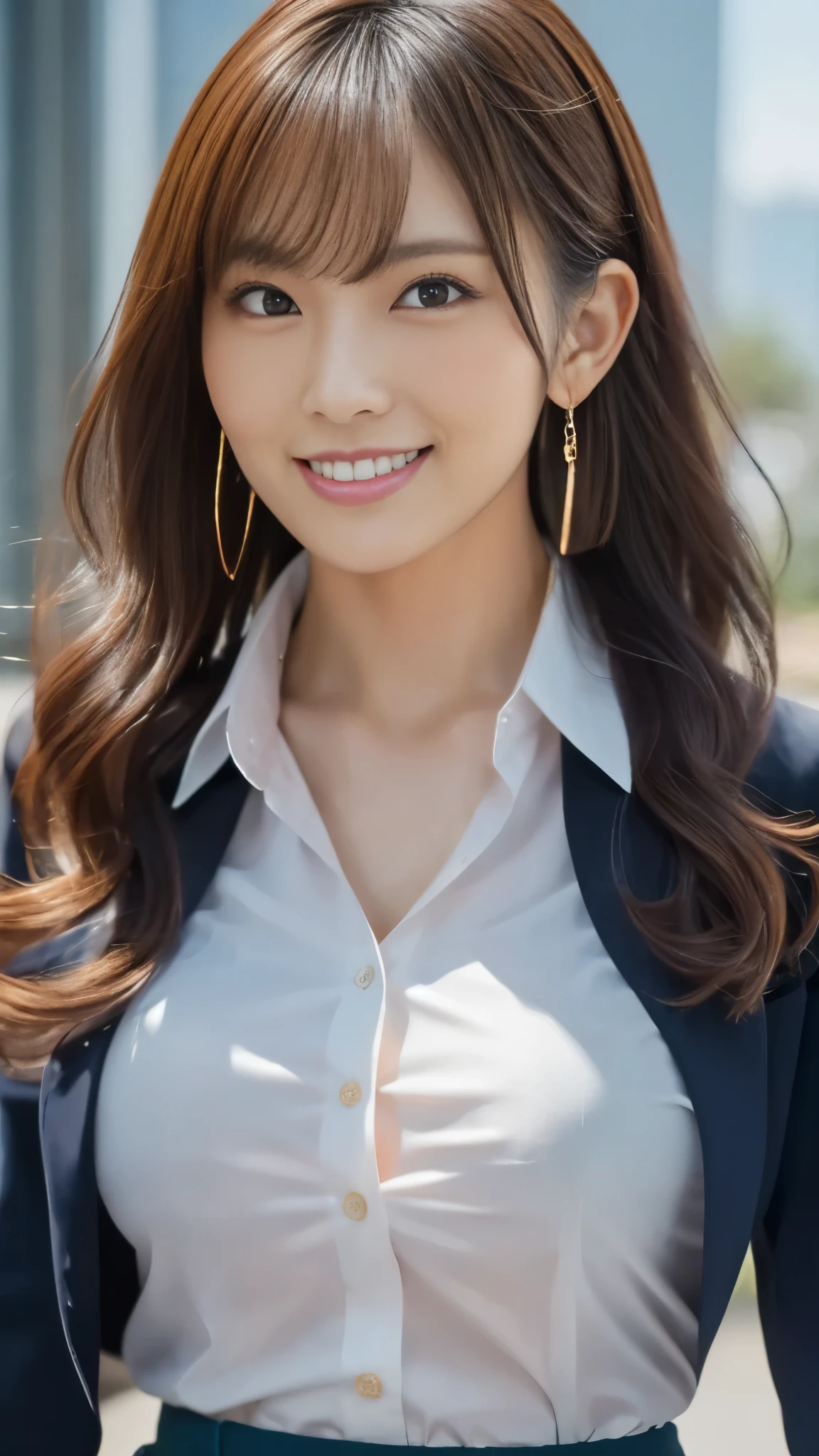 masterpiece, Highest quality, Photorealistic, 超High Resolution, Fine Details, High Resolution, 8k Wallpaper, 1 beautiful woman,, Light Brown Disheveled Hair, wearing a business suit , sharp concentration, perfect dynamic composition, beautiful detail eye, detailed hair , realistic skin texture in every detail , smile, close-up portrait, model body type being committed in vs 、((Very long brown hair:1.2))、(( loose wavy hair :1.2)),((はにかんだsmile:1.3)),((gold necklace_big earrings:1.2)), full body shot 、(((Full-body supermodel standing, full body shot , show my whole body ))),(( White Long Sleeve Button Up Blouse_ with collar_Delete up to the second button_ navy blue pleated mini skirt :1.3)),((smileで_ running towards here_ Long Hair Fluttering :1.3)),((big breasts:HCAP )),