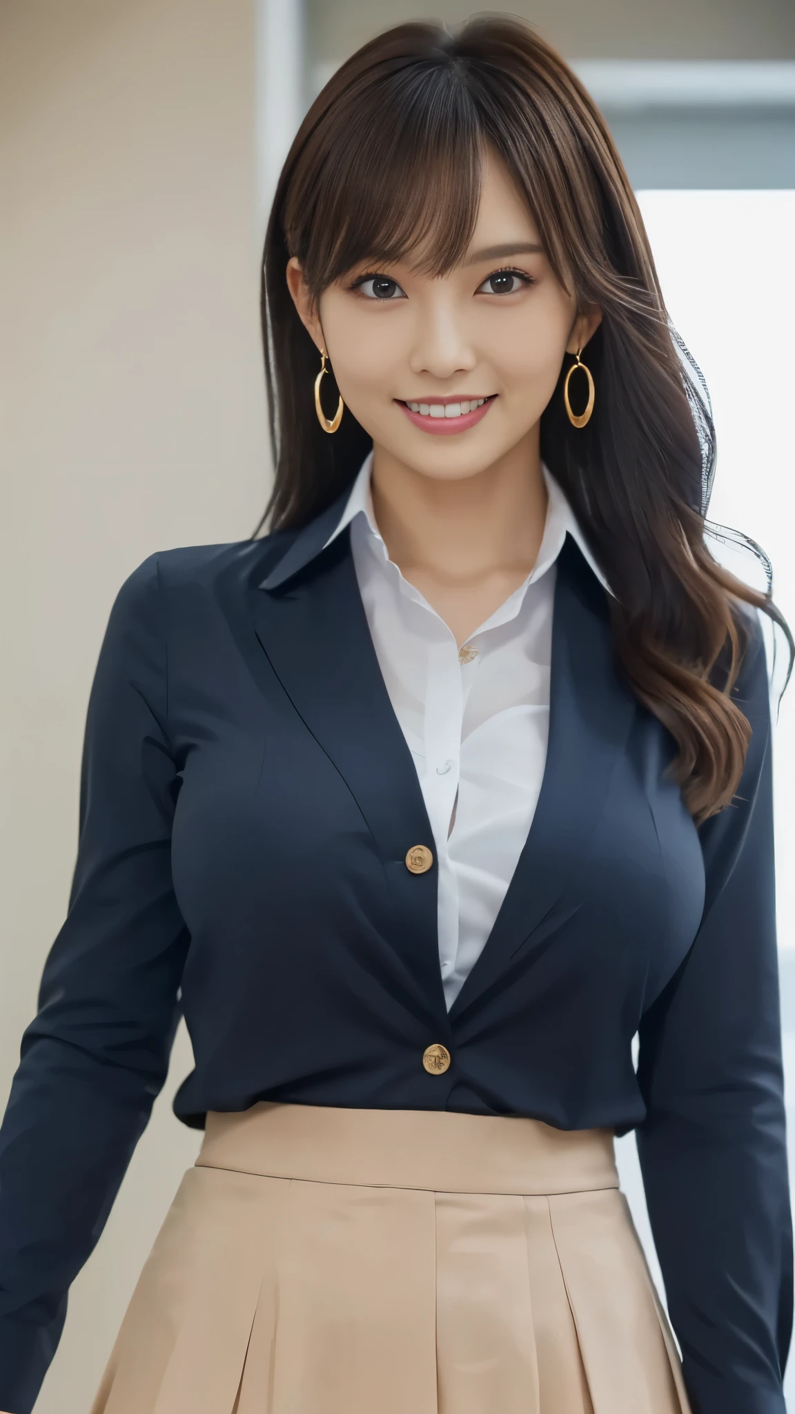 masterpiece, Highest quality, Photorealistic, 超High Resolution, Fine Details, High Resolution, 8k Wallpaper, 1 beautiful woman,, Light Brown Disheveled Hair, wearing a business suit , sharp concentration, perfect dynamic composition, beautiful detail eye, detailed hair , realistic skin texture in every detail , smile, close-up portrait, model body type being committed in vs 、((Very long brown hair:1.2))、(( loose wavy hair :1.2)),((はにかんだsmile:1.3)),((gold necklace_big earrings:1.2)), full body shot 、(((Full-body supermodel standing, full body shot , show my whole body ))),(( White Long Sleeve Button Up Blouse_ with collar_Delete up to the second button_ navy blue pleated mini skirt :1.3)),((smileで_ running towards here_ Long Hair Fluttering :1.3)),((big breasts:HCAP )),