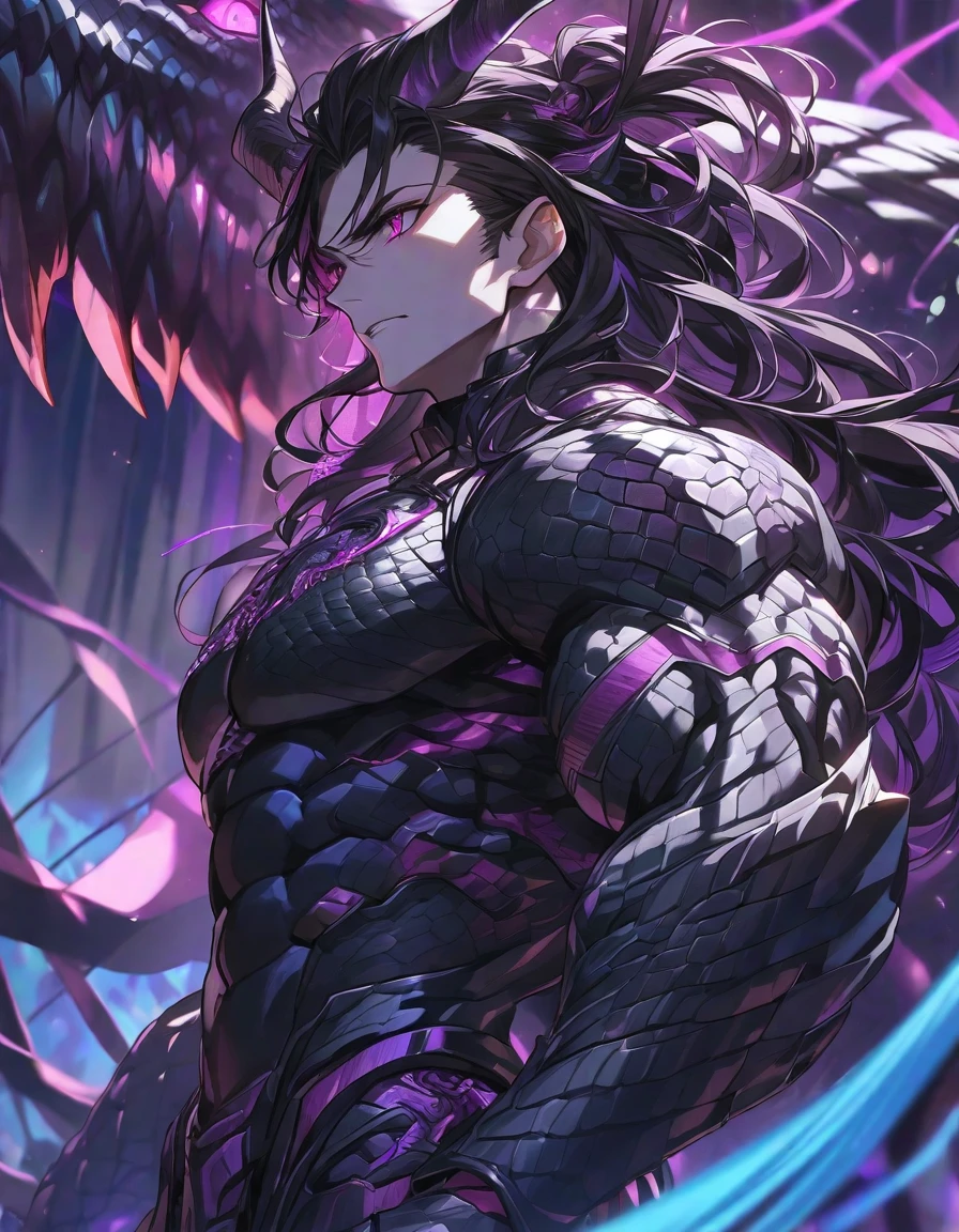 One, good looking, 1 person, Sporty body, V-shaped body, Detailed armor in black with purple glittering details, black demon horns, Long Hair, Black Hair, Reddish purple color of reptile eyes, Purple thread, Black light,Muscular boy,Huge penis,Huge muscles,behemoth,Izuku Midoriya
