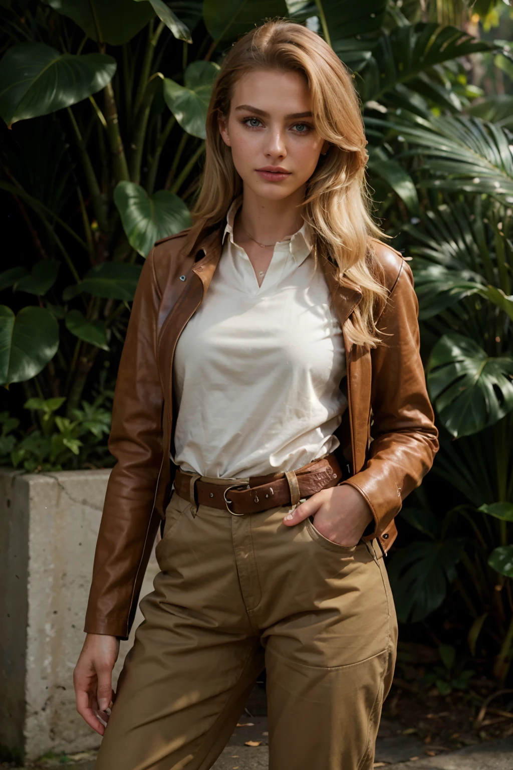 A lively and photorealistic scene featuring annast0ck with long blonde hair, wearing brown leather jacket, collared long-sleeved shirt, khaki pants, sturdy brown leather belt cinches his waist, shoulder bag, standing amidst the lush jungle, surrounded by curious native flora and fauna,
(masterpiece, best quality, high quality), hyperdetailed, highres, intricate detail, HDR, 8k, sharp focus, detailed background, perfect hands, realistic eyes, detailed skin texture, (blush:0.5), (goosebumps:0.5), subsurface scattering, realistic, photorealistic,