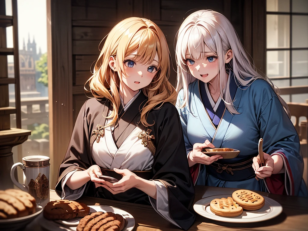 Absurd, high definition, super detailed, texture details, clear presentation, HD details, detail performance, fine details, clear face, precise restoration, clear eyeballs, (1 man 3 women: 1.3), hand-drawn, simple lines, an 18-year-old man in colorful Hanfu and three 18-year-old women in colorful clothes, sitting around the wooden room round table dining table, masterpiece, interior, eating, comfort