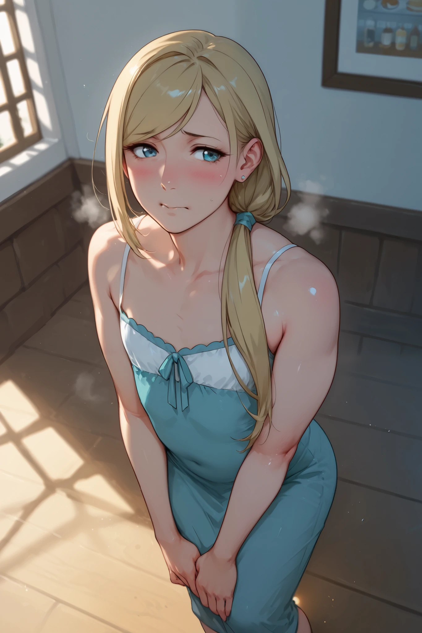 score_9, score_8_up, (candydoII boy with milfy slim body), flat puffy thicc man-chest:1.2, puffy flat chest, solo sugar femboy w/ mature body, (anime mature femboy with pale-blonde smooth-straight mid-long hair with swept bangs:1.2), loose low ponytail, (femboy golden bushy very thick eyelashes:1.2), masterpiece, best quality, (taken from dynamic masterful angles:1.2), anime moe artstyle, well-toned waifu, exude eroticism, (mature woman with lean perfection abdomen:1.5), sweet sweet mommy's expression, (ample littIe femboys natural smaII flat chest), Curvy body, (thick fleshy arms:1.5), oh my god that arms are so sexy!!, from above, steaming body, Hd eyes, Half body photograph of a cute and attractive erotic femboy in a trendy cafe with many windows ::3 Trendy, modern form - fitting clothing that accentuates his perfect body ::2 Photograph captured using a Canon 6D Mark II with an 85mm lens at f/ 4 and ISO 100 ::3 Glamour shot, award - winning photograph, sharp focus, dynamic lighting ::1