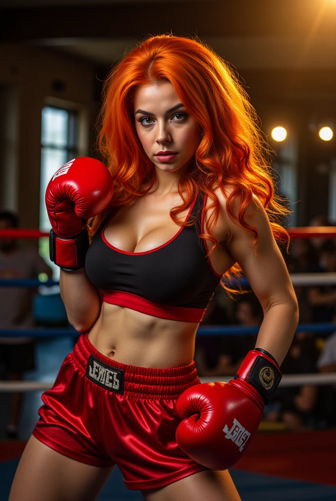 red hair, blue crop, tall, slim waist, firm breasts, sporty hips photo taken at a boxing match