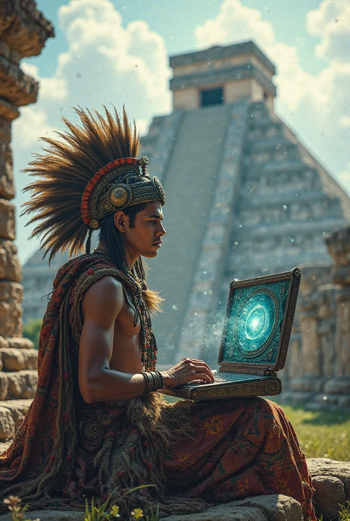 A Mayan using his cell phone with Tikal as an animated background