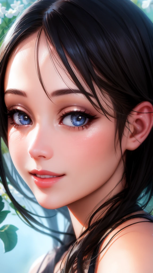 Beautiful young woman of about 23 years old, short, black hair, blue eyes, White skin, Whole body
