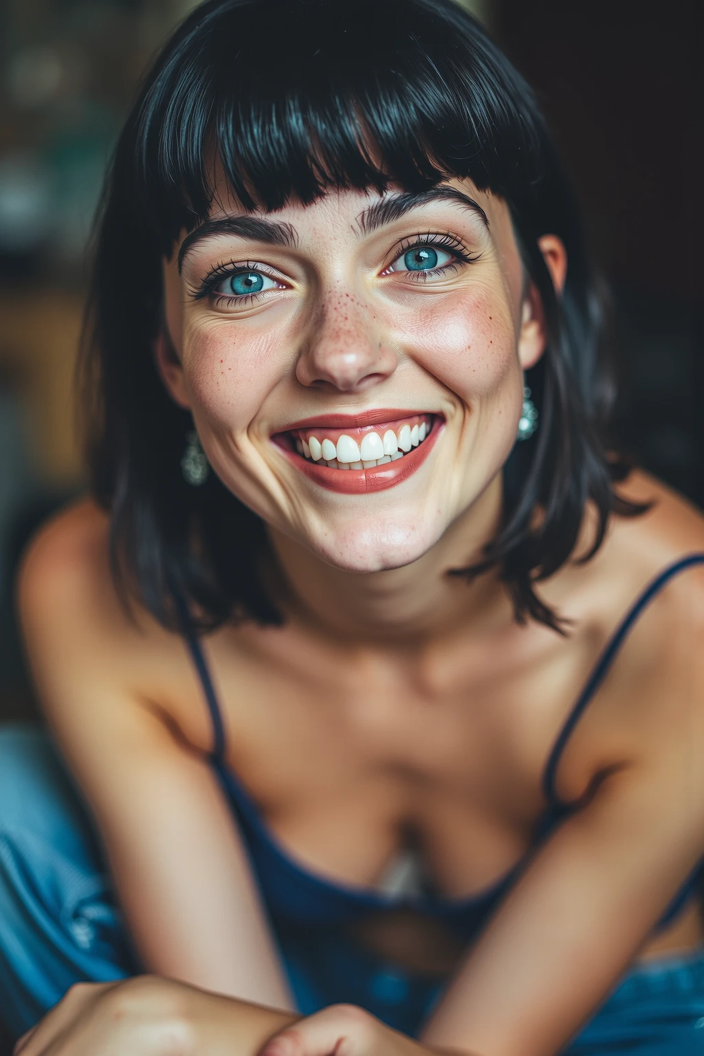Selfie of a very beautiful and sexy white skinned girl with freckles, Short black hair, Small and white、He is wearing an open-necked T-shirt and very short jeans., Sitting in the square, smile, big pointy breasts, big , A lot of cleavage is visible, Dark blue eyes, Fuller lips, Small, delicate, pointed nose, Very detailed, 1, slim, Innocent face, かわいいsmile, Taken with iPhone, Deep writing depth, Everything is in focus, Spread your legs, 美しく可愛いsmileを見せる, tilt your head slightly