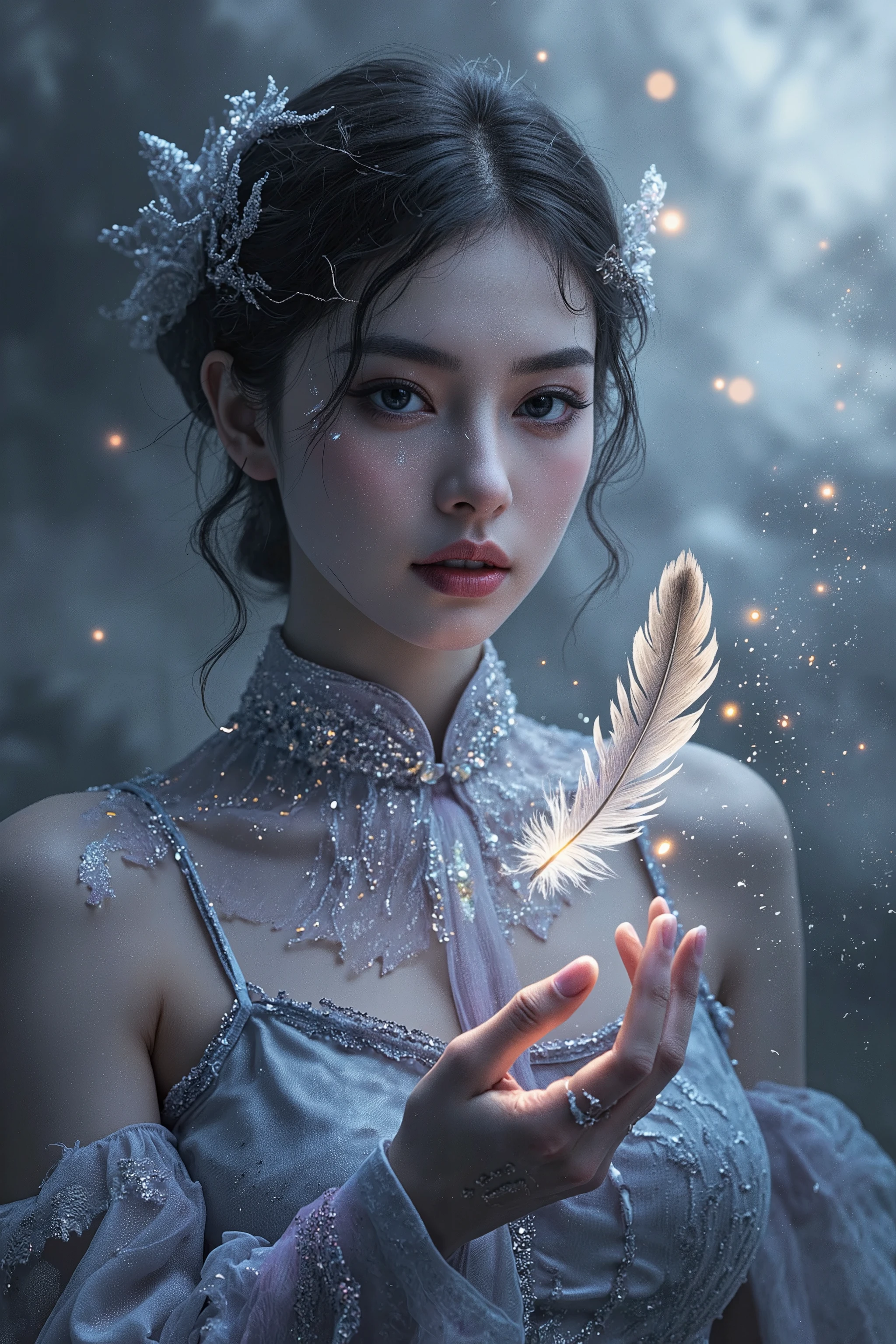 Create a digital artwork in a pop art style with a dramatic and ethereal atmosphere, featuring a strikingly beautiful woman with bold makeup and expressive eyes, dramatically gazing at a delicate, floating feather. Her fashion blends vintage and modern elements, inspired by cool, frosty hues like icy blue, silver, and soft lavender, with subtle iridescent accents. The background is a dreamlike expanse of soft swirling mist, illuminated by diffused light, with glimmering particles that resemble floating dust and embers, enhancing the feather’s gentle descent. Subtle motion lines and glowing air currents emphasize the delicate drift of the feather, creating a hypnotic, weightless effect. The cinematic color scheme blends deep contrasts of shadow and light, making the woman’s intense gaze and the feather’s graceful movement the central focus. The scene evokes a sense of wonder, mystery, and quiet reverence. Focus on the upper body of the subject, depicted in a grayscale drawing and illustration style, with icy highlights enhancing the contrast between her poised intensity and the feather’s fragile elegance, conveying the pop art aesthetic with a surreal, dreamlike twist.