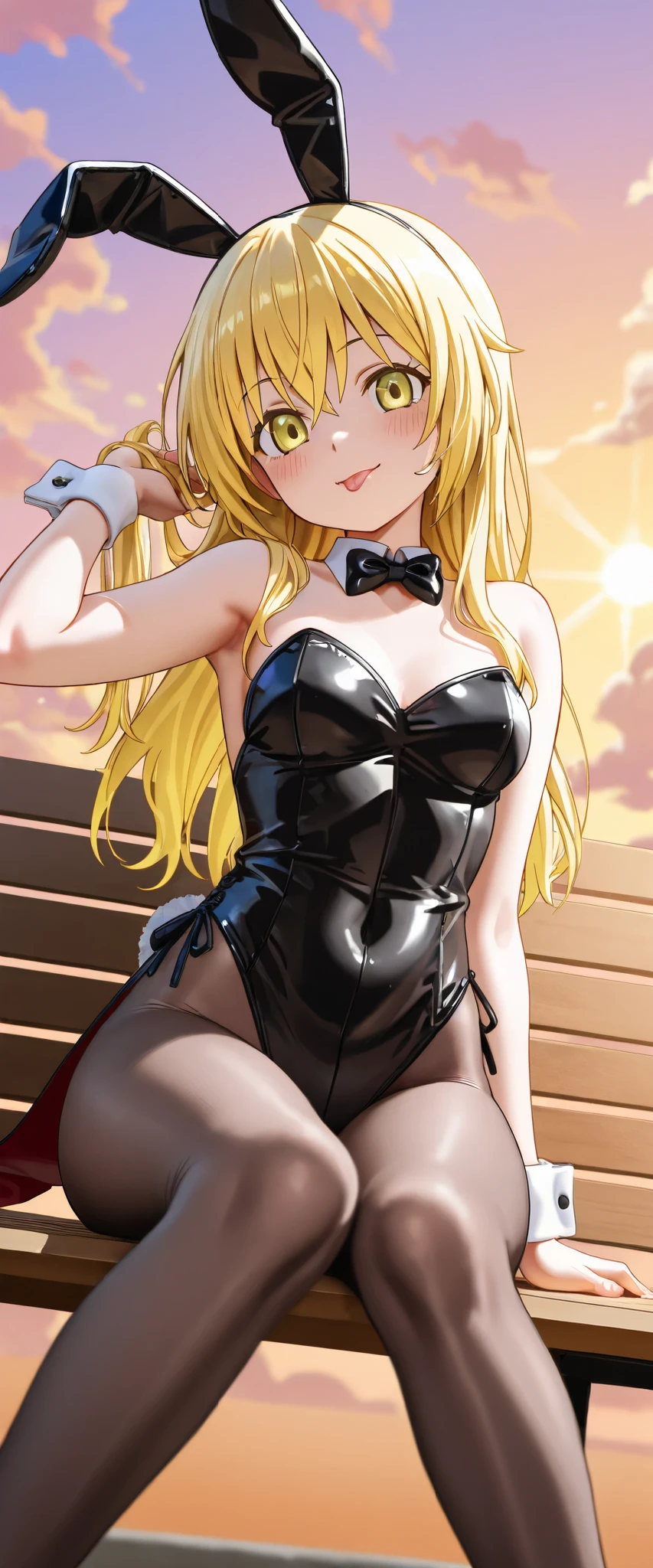 masterpiece, best quality, highres, in1, side ponytail, long hair, ahoge, playboy bunny, rabbit ears, bare legs, small breasts, cowboy shot, embarrassed, blush, outdoors, peace sign,