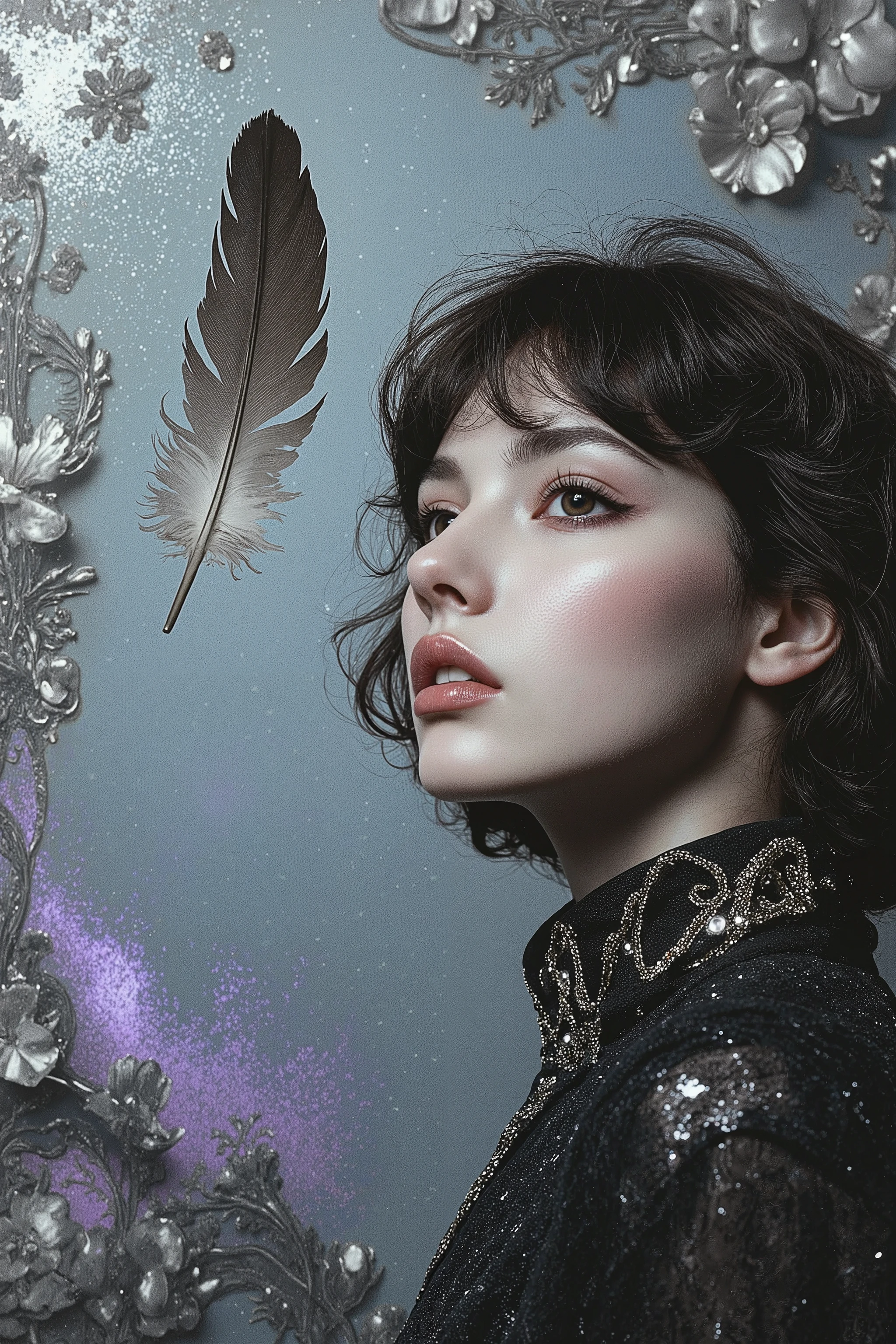 Create a digital artwork in a pop art style with a dramatic and emotional tone, featuring a strikingly beautiful woman with bold makeup and expressive eyes, dramatically gazing at a delicate, floating feather. Her fashion is a fusion of vintage and modern, inspired by cool, frosty hues like icy blue, silver, and soft lavender, with subtle iridescent accents. The cinematic color scheme blends deep contrasts of shadow and light, emphasizing her intense expression and the ethereal presence of the feather. The background is adorned with stylized, vintage floral patterns reimagined with soft, swirling textures that echo the feather’s gentle movement. Energetic brushstrokes evoke a sense of motion, resembling a delicate breeze that lifts the feather mid-air. The scene is both intimate and grand, capturing a sense of wonder and mystery. Focus on the upper body of the subject, depicted in a grayscale drawing and illustration style, with icy highlights enhancing the contrast between her poised intensity and the feather’s fragile elegance, conveying the pop art aesthetic with a surreal, dreamlike twist.