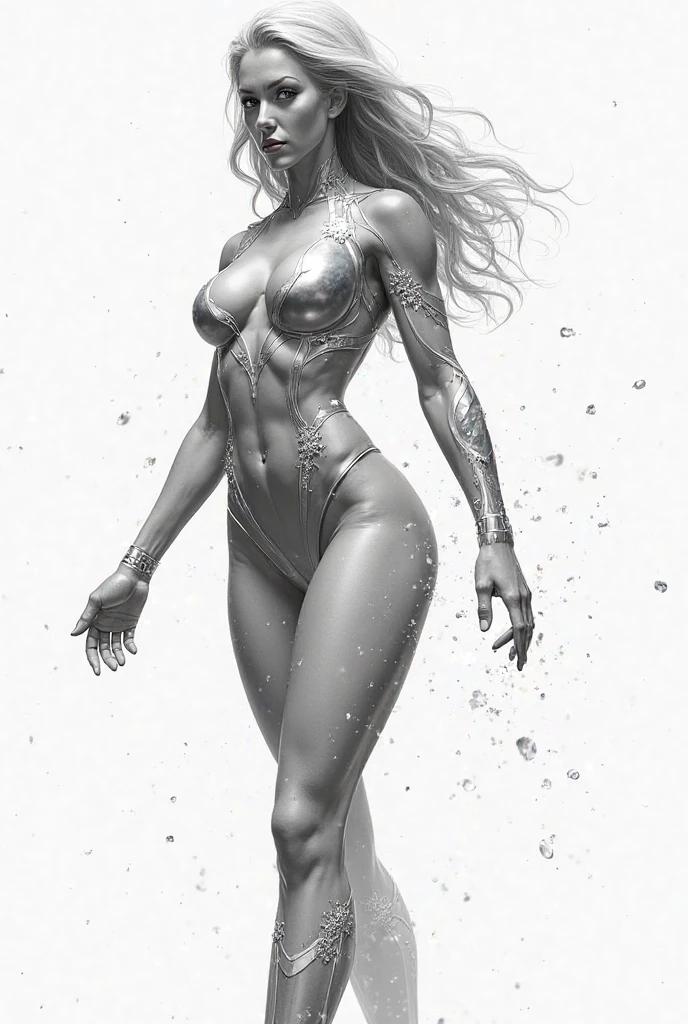 by hajime sorayama, ((masterpiece)), ((realistic)), (best quality:1.2), sublime 30 year old woman with the sexiest druuna shapes, walking towards me, very long and curly hair, detailed hair, determined and intense look, very detailed eyes, electric atmosphere, lightly defined abs, in a futuristic and apocalyptic city