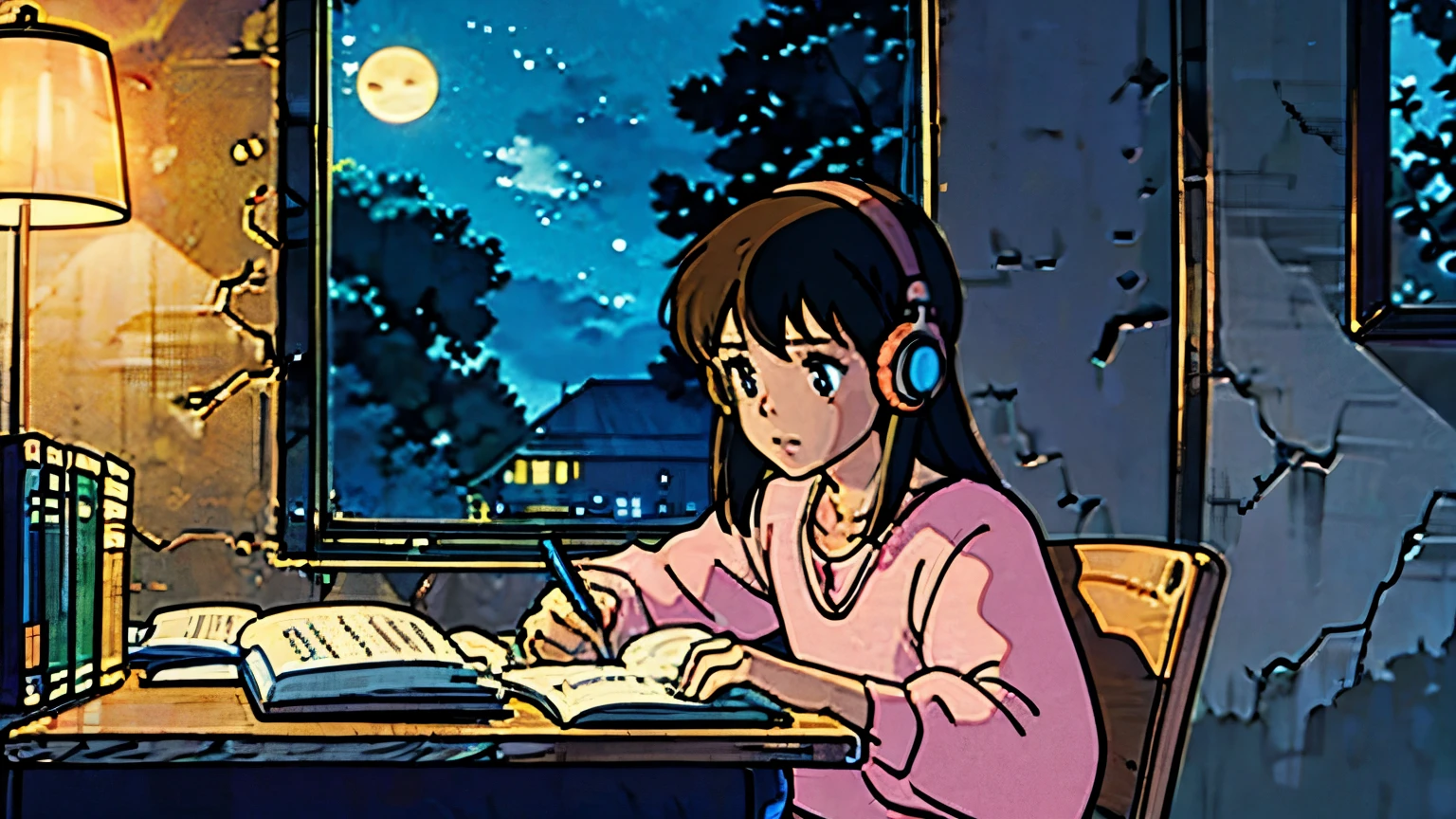 girl with headphones, studying, room, night neon lights