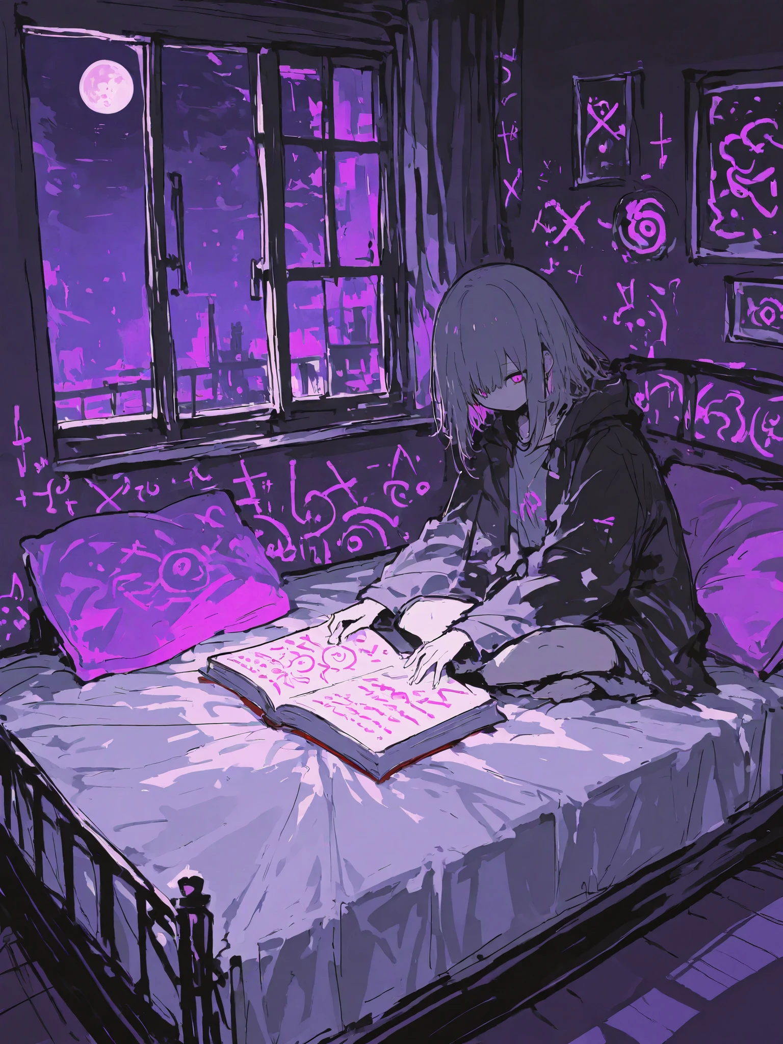 masterpiece, best quality, ultra-detailed,r17329_illu,usnr,luisap, General,xxx667_illu,masterpiece, best quality, 8k, highres, ultra-detailed,HDR, UHD, studio lighting ,Low Fidelity art. pastel,A quiet moment in a room lit by soft purple lighting. A person is sitting on a bed, reading a book, while the entire room is softly illuminated by the purple glow. The room is decorated with a pink cushion and a bluish bedspread, adding subtle touches of color. A window in the background reveals the deep blue night sky and a glowing moon outside. The character, drawn with a relaxed posture, sits comfortably, surrounded by the nostalgic feel of the scene. The lines are simple and rough, but the overall atmosphere is serene, with the purple light wrapping everything in a calm and tranquil mood.