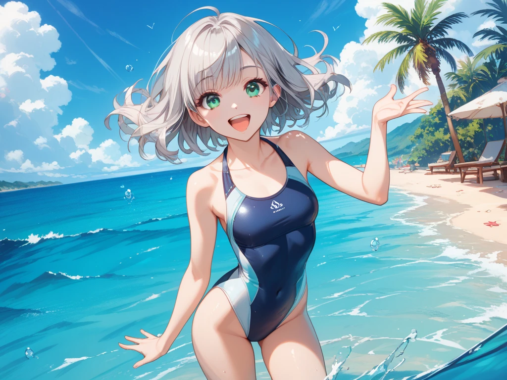 ((Highest quality)), ((masterpiece)), (detailed), Myorine, White school swimsuit, Silver Hair,smile,Twin tails