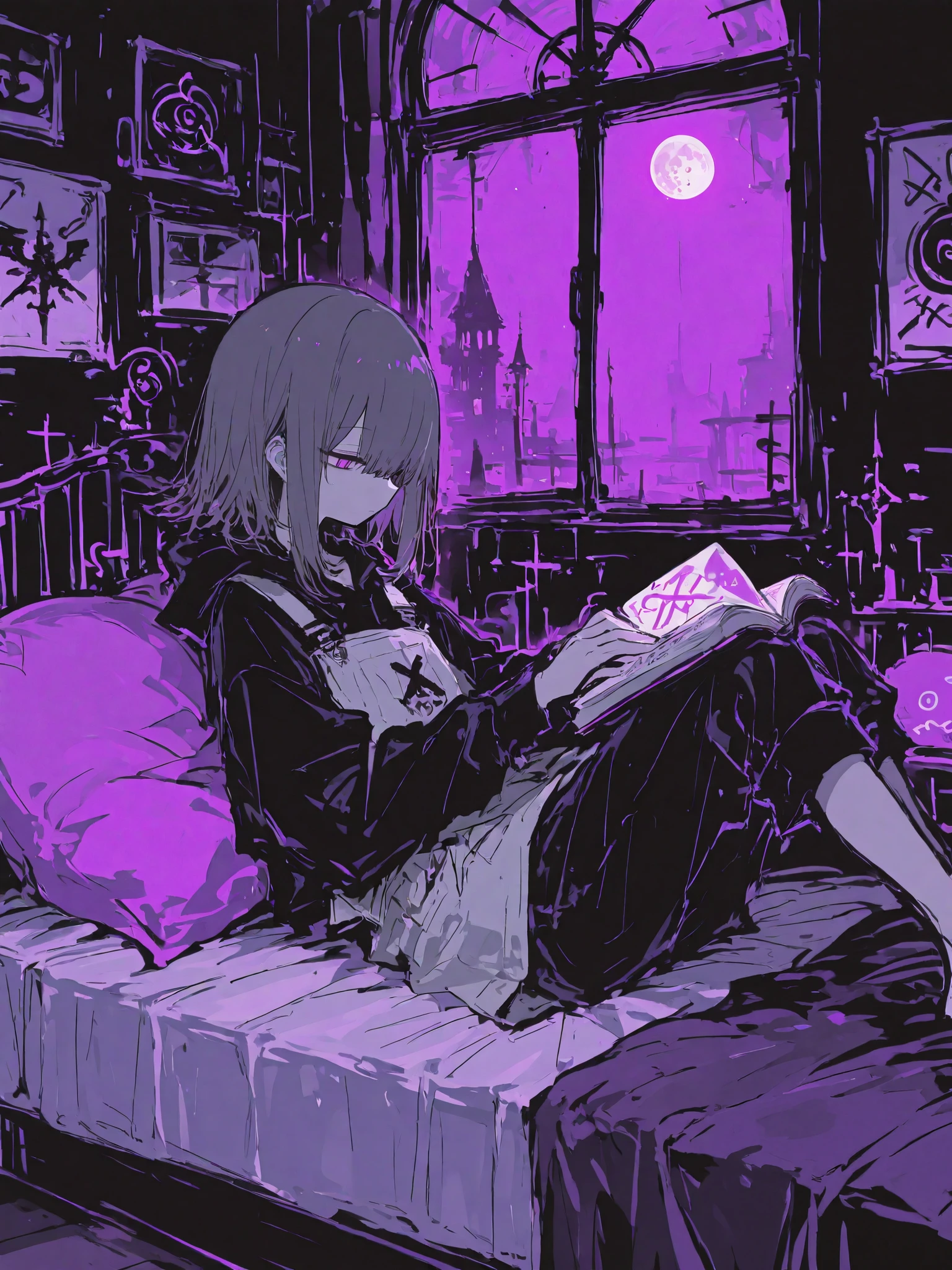 masterpiece, best quality, ultra-detailed,r17329_illu,usnr,luisap, General,xxx667_illu,masterpiece, best quality, 8k, highres, ultra-detailed,HDR, UHD, studio lighting ,Low Fidelity art. pastel,A quiet moment in a room lit by soft purple lighting. A person is sitting on a bed, reading a book, while the entire room is softly illuminated by the purple glow. The room is decorated with a pink cushion and a bluish bedspread, adding subtle touches of color. A window in the background reveals the deep blue night sky and a glowing moon outside. The character, drawn with a relaxed posture, sits comfortably, surrounded by the nostalgic feel of the scene. The lines are simple and rough, but the overall atmosphere is serene, with the purple light wrapping everything in a calm and tranquil mood.